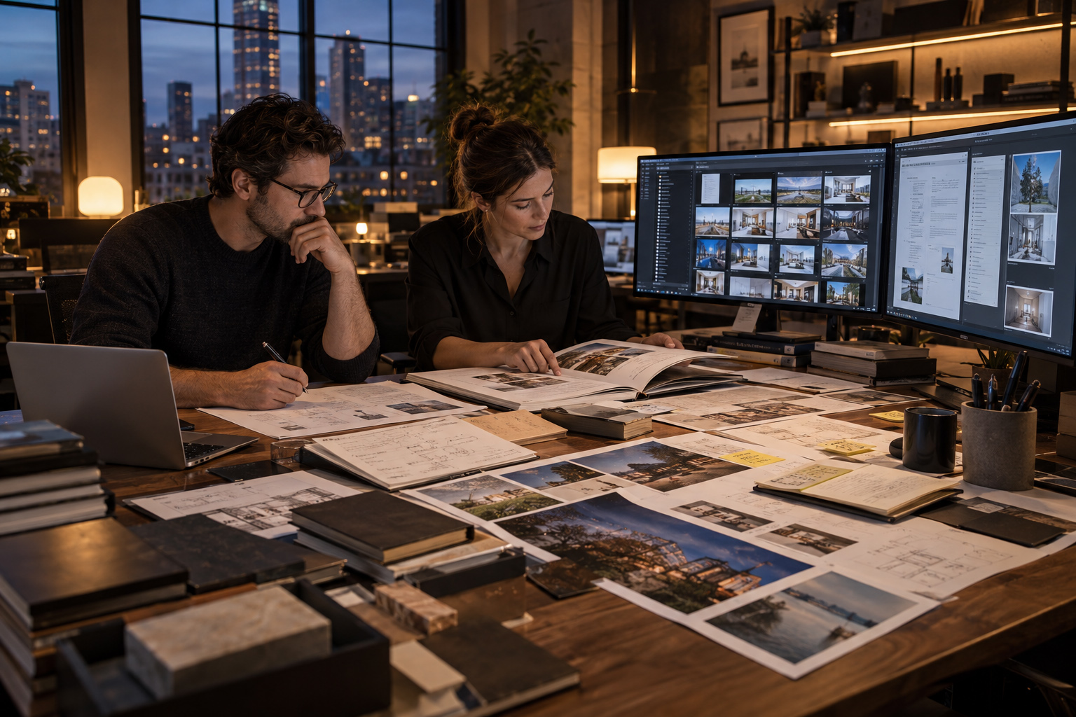 Two professionals review printed project materials, notes, and images while organizing source assets for a case study.
