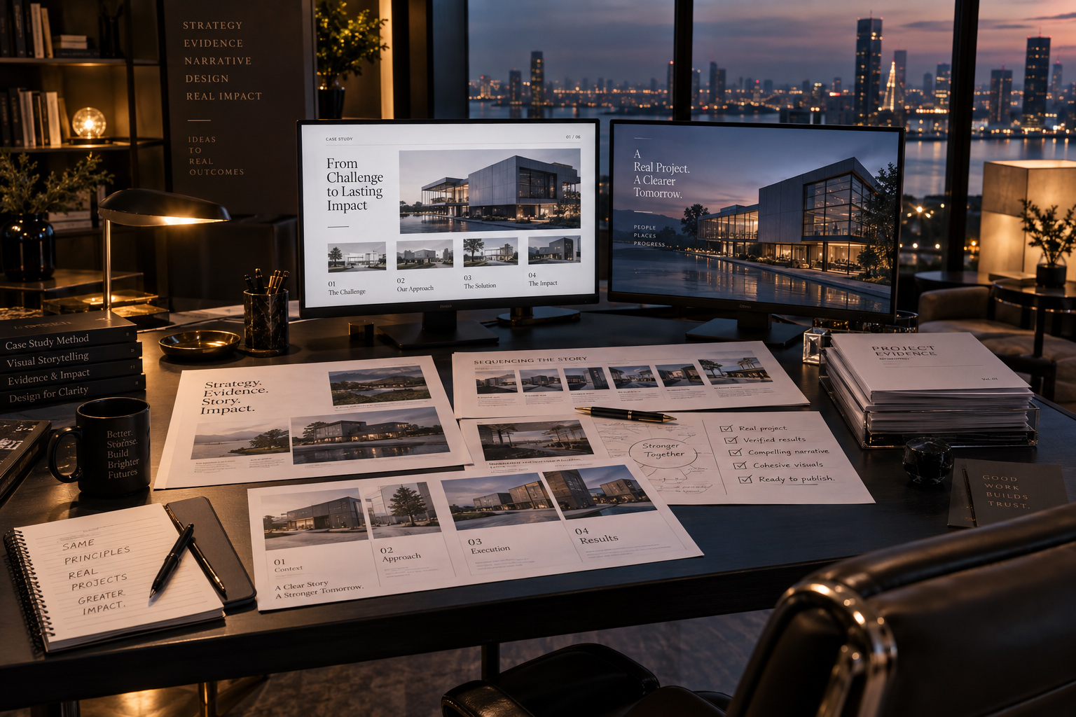 Case study development workspace presenting strategy, project evidence, narrative sequencing, visual storytelling, design refinement, and final impact across digital screens and printed editorial materials.