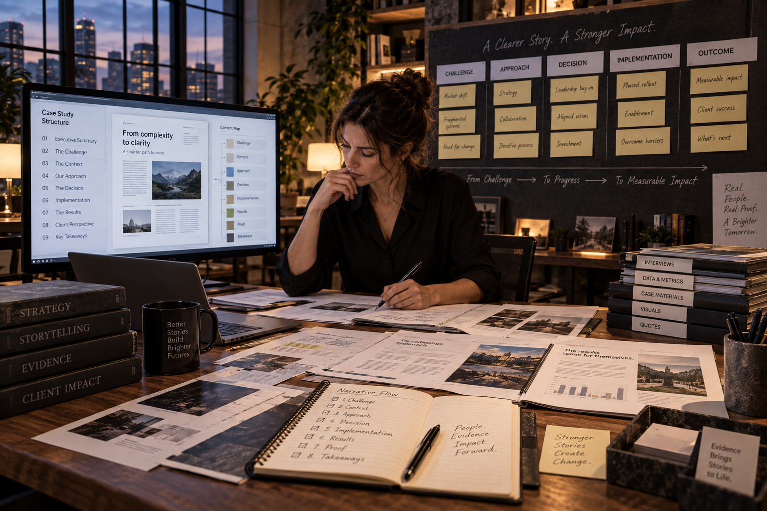 A case study strategist works at a desk while defining narrative structure, story flow, and project impact.