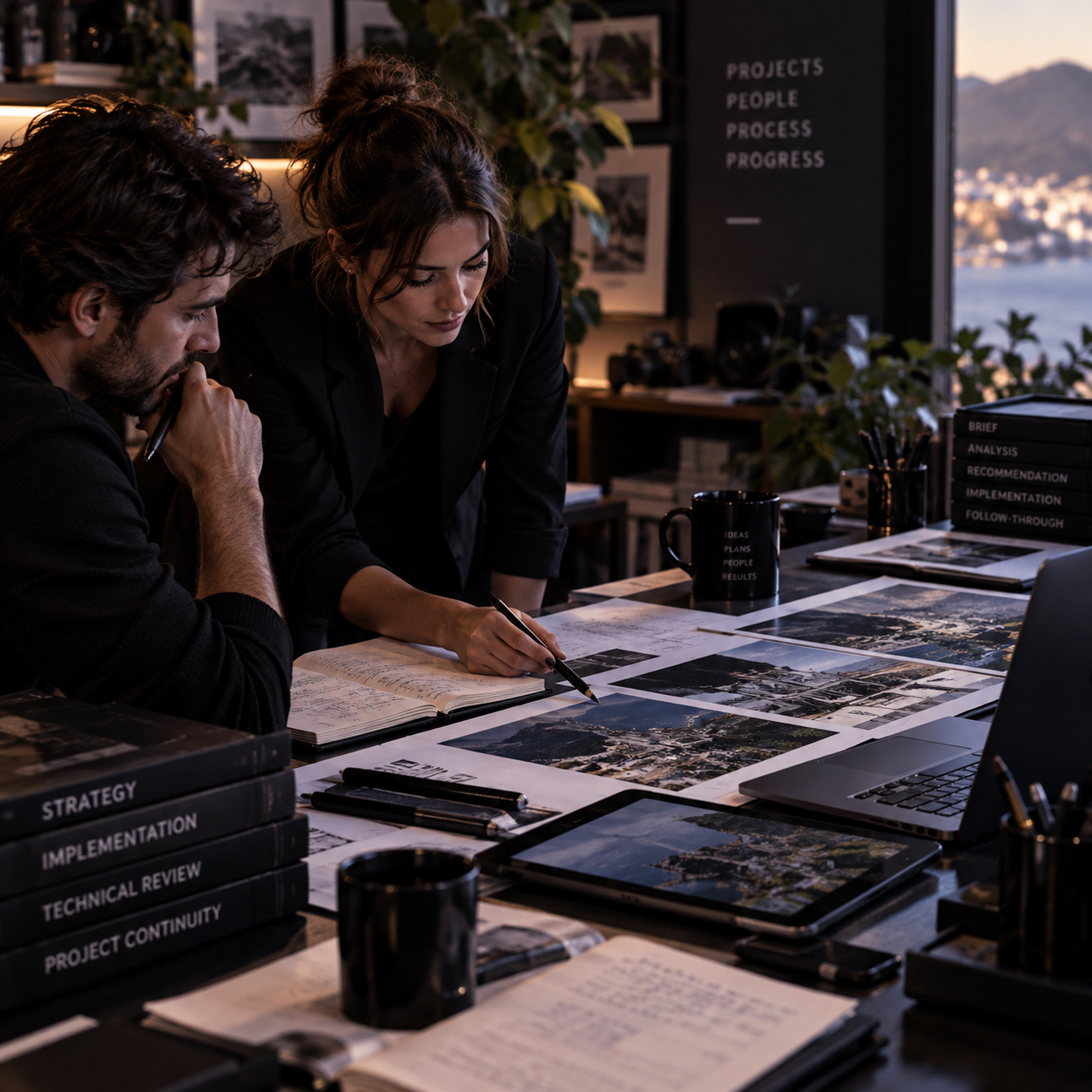 Consulting team collaboratively reviewing project visuals, technical documentation, site information, and implementation details during a strategic project planning session.