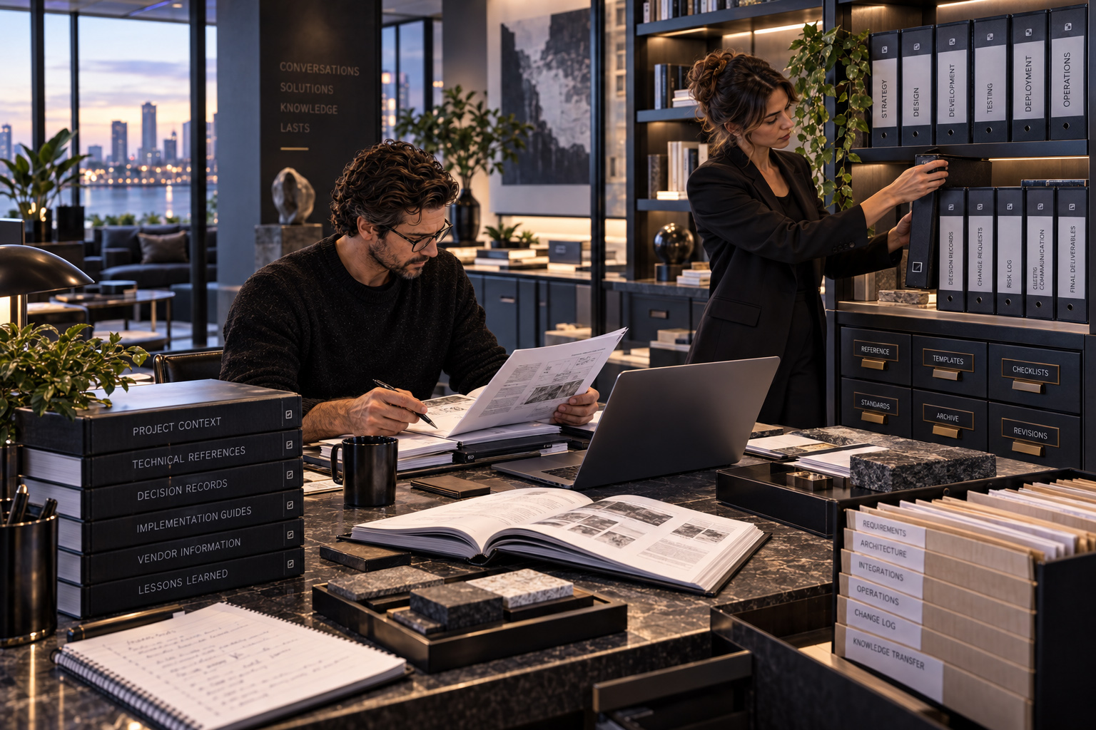 Consultants organizing technical references, decision records, implementation guides, vendor information, revisions, and project documentation.