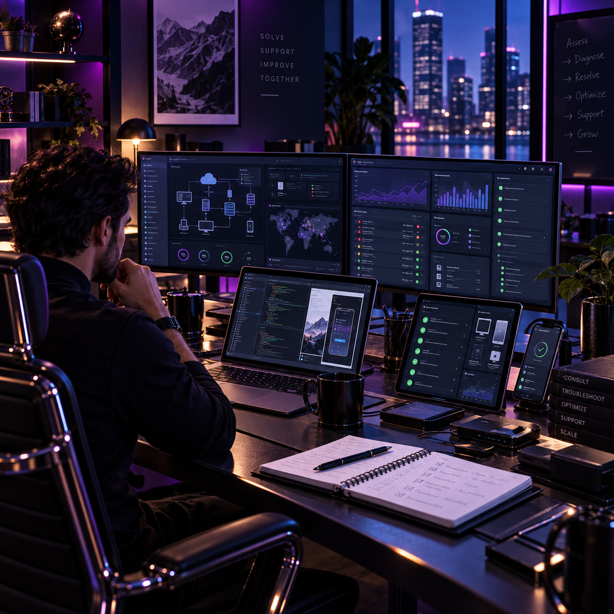 Professional consultant reviewing interconnected digital systems, performance dashboards, technical workflows, and multi-device project environments for ongoing support and optimization.