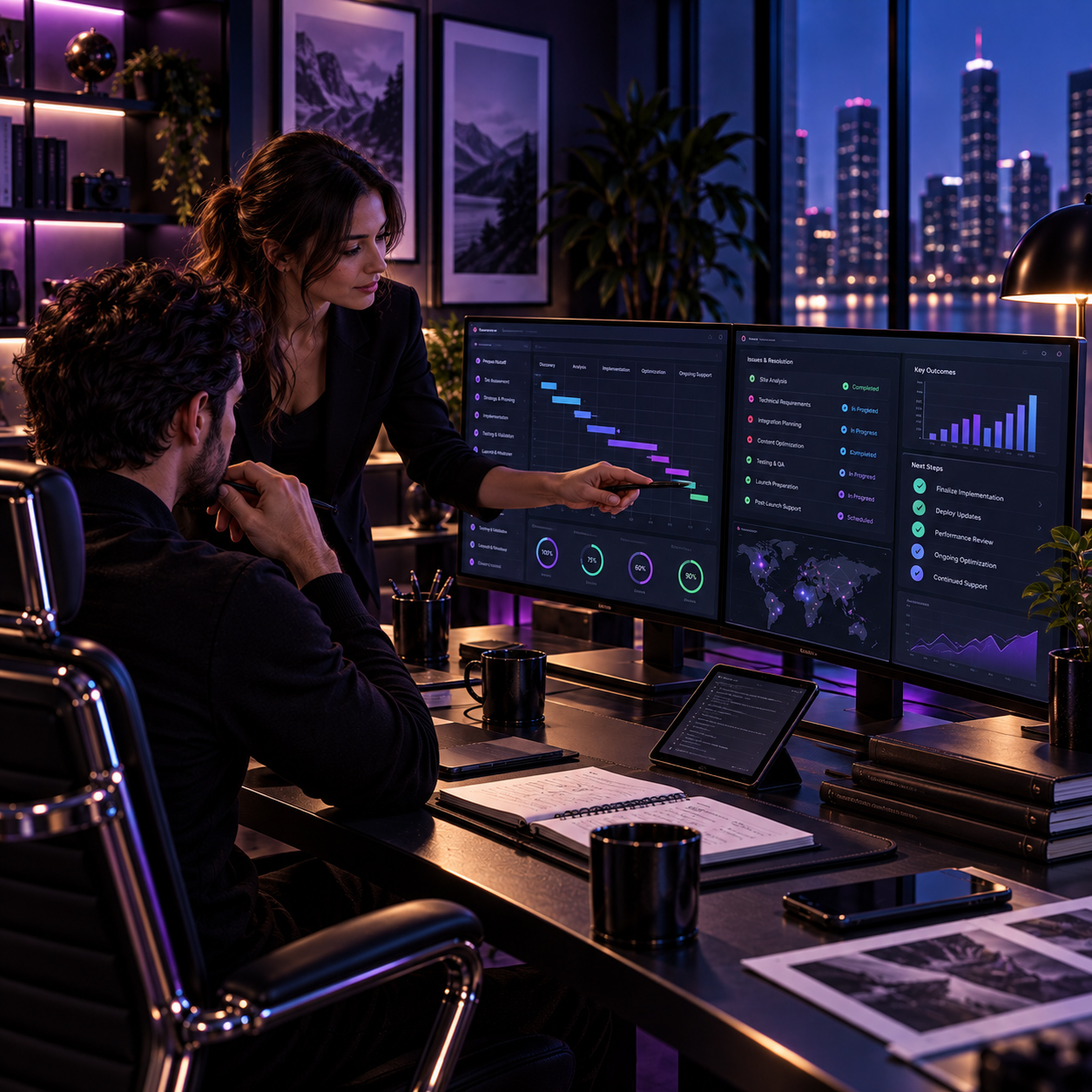 Consulting and technical support professionals reviewing implementation progress, project status, technical issues, and next-step actions across connected digital systems.