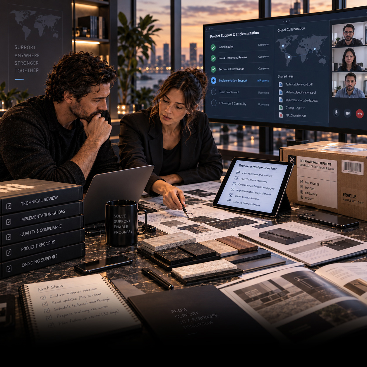Consulting team reviewing technical documents, implementation steps, and international project coordination during a collaborative support session.