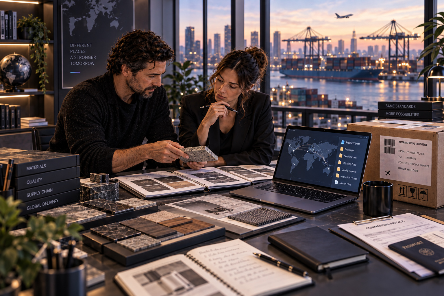 Consultants coordinating international suppliers, technical documentation, product samples, quality requirements, shipping, and remote project delivery.