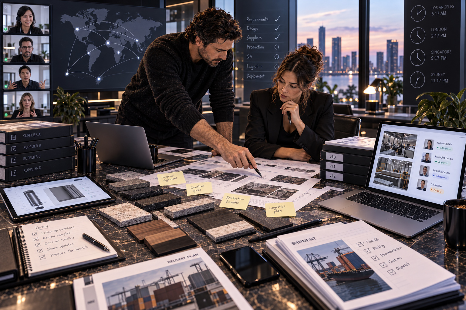 Consultants coordinating suppliers, production requirements, quality assurance, logistics, and global project delivery across multiple locations.