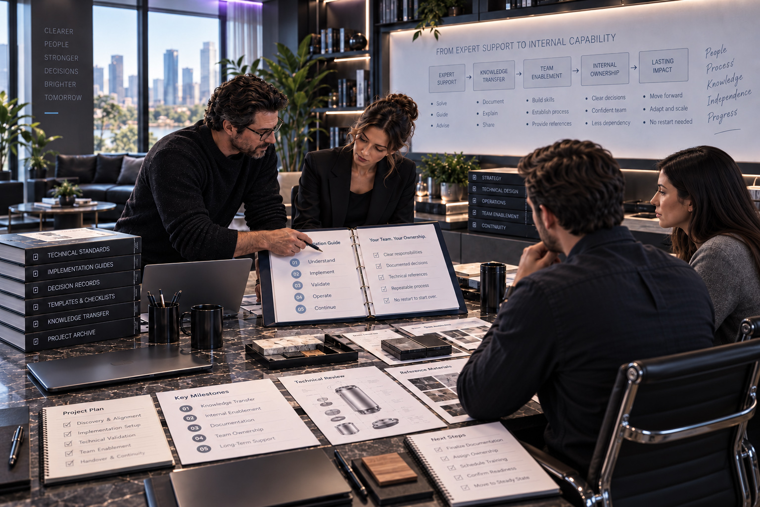 Professional consulting team reviewing implementation guides, technical standards, and knowledge-transfer materials during a collaborative team enablement session.