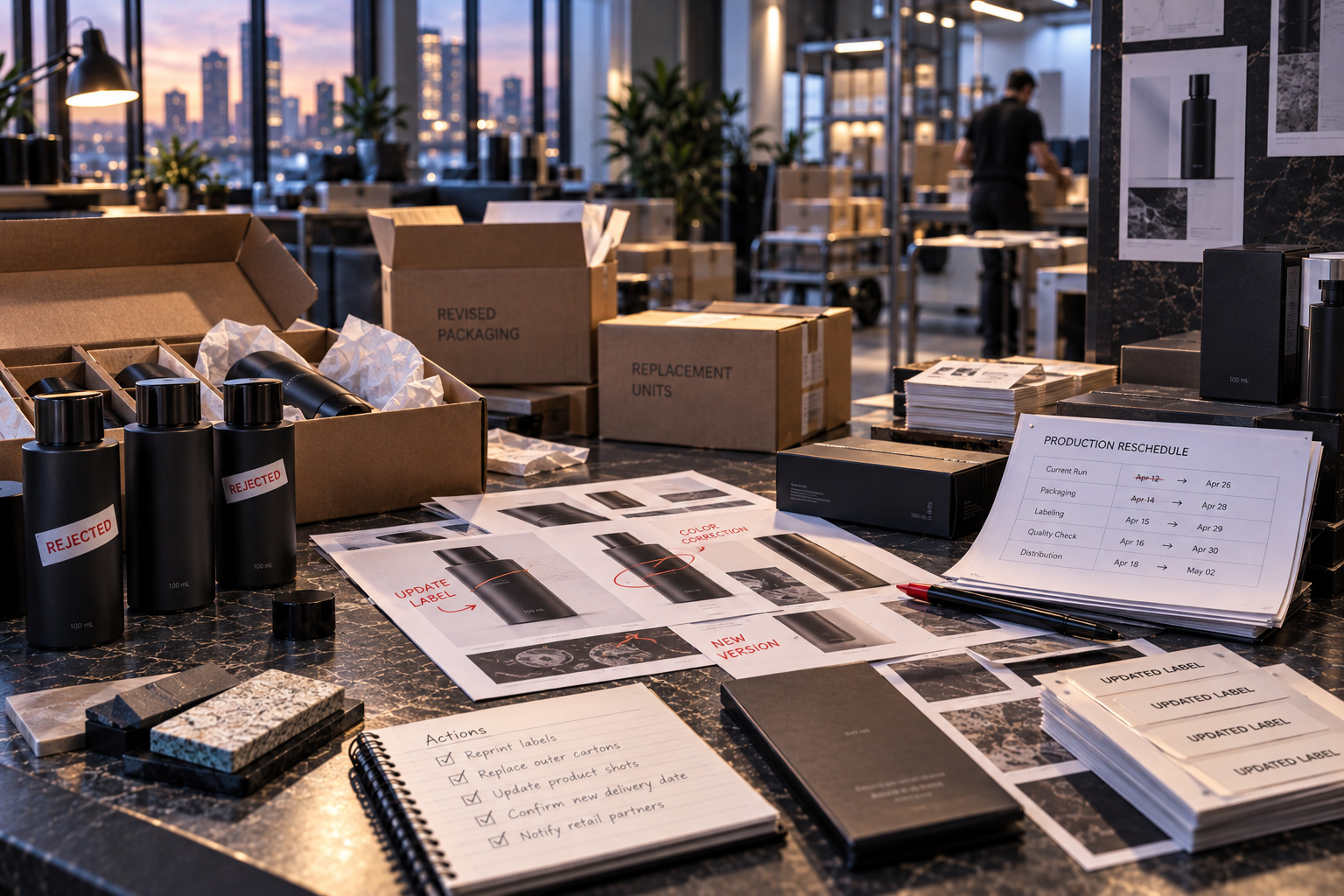 Rejected product packaging, revised labels, replacement units, and production rescheduling documents during a corrective project response.