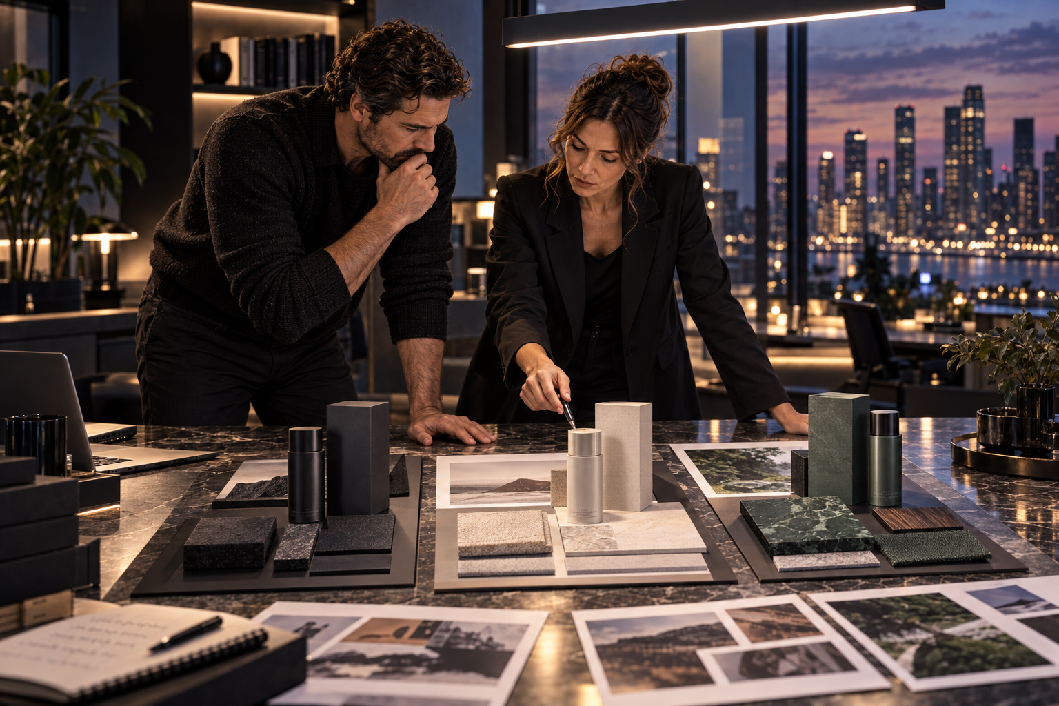 Consulting team evaluating product samples, materials, finishes, technical requirements, and alternative solutions during a critical project decision.