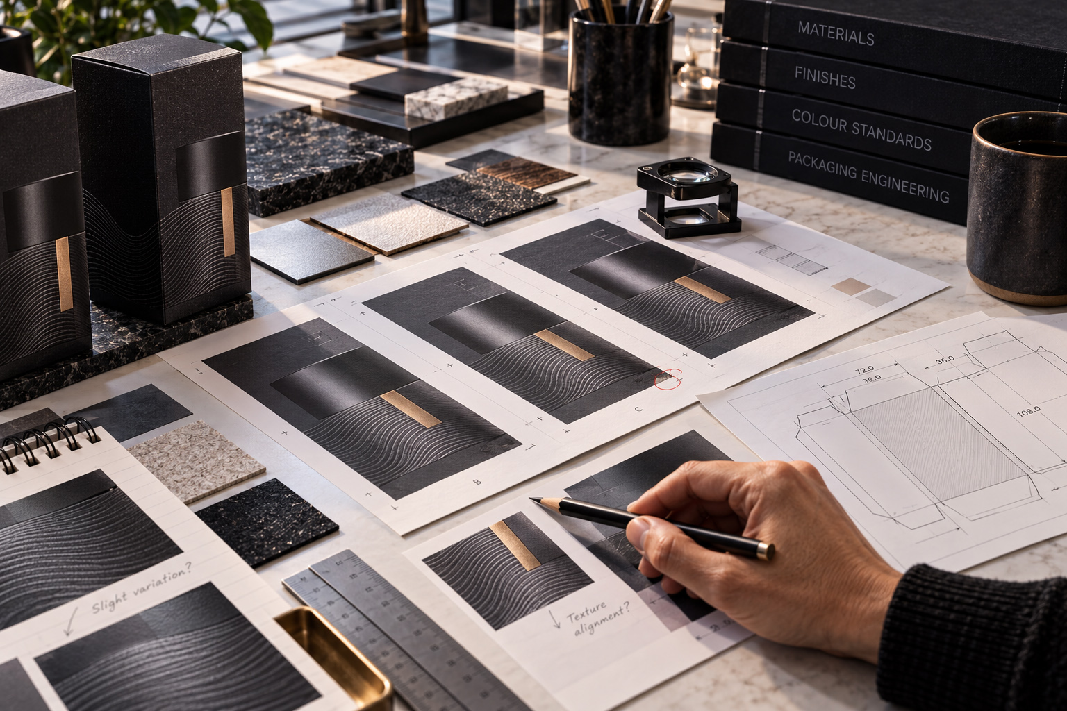 Consultant reviewing packaging artwork, material samples, finishes, dimensions, and production details before final approval.