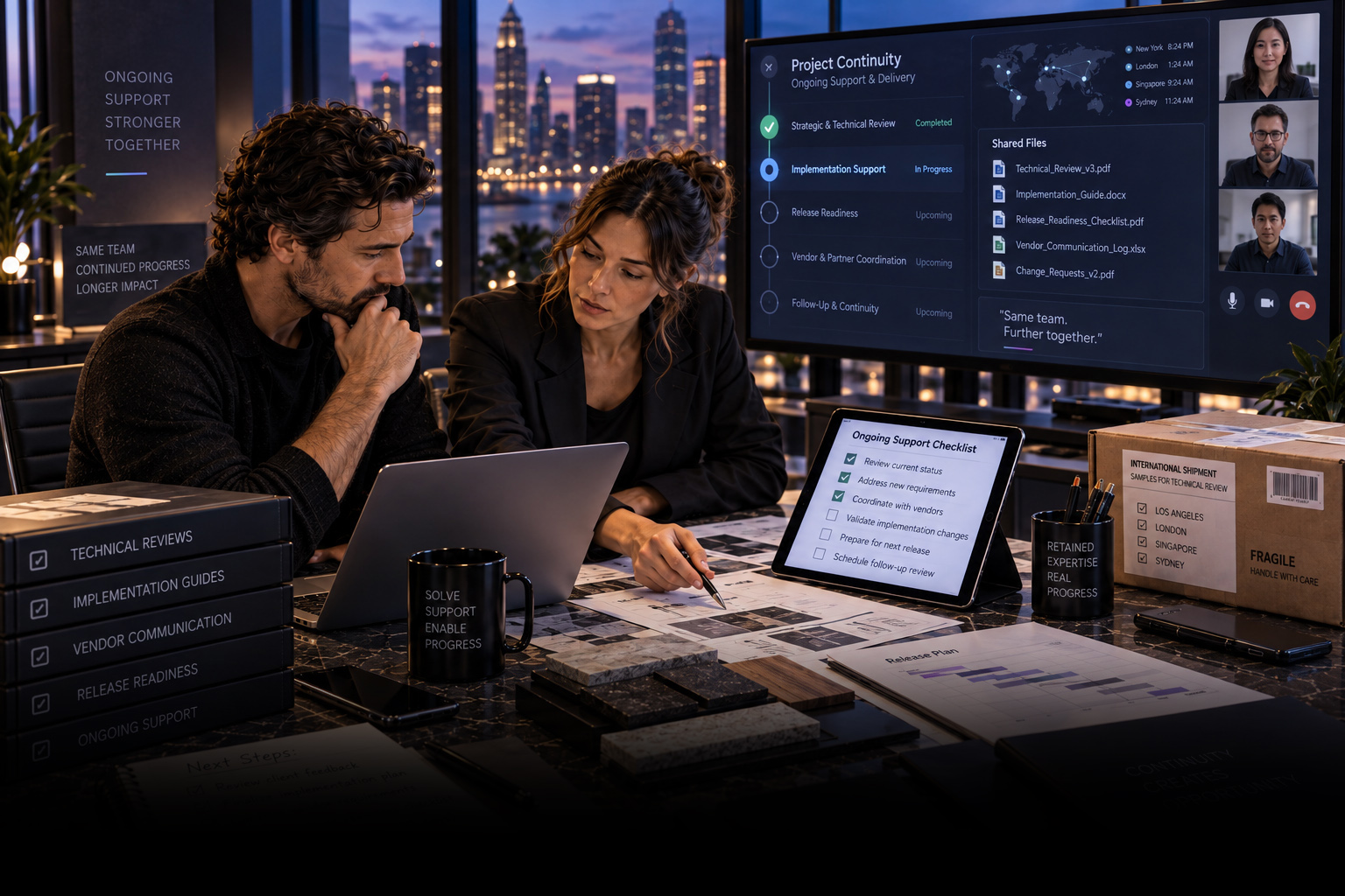 Consulting team coordinating ongoing technical support, implementation progress, vendor communication, and project continuity across an international delivery workflow.