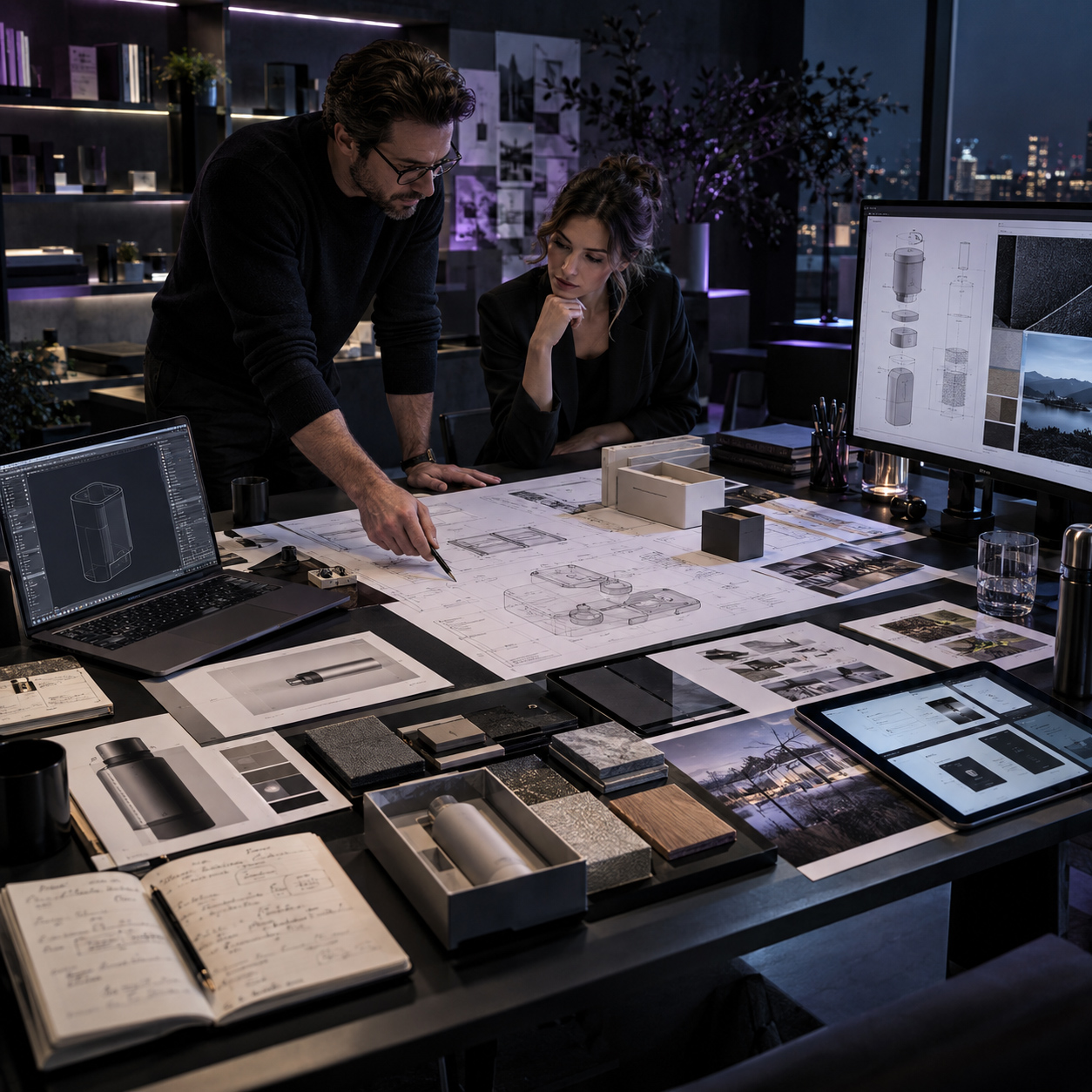 Consulting professionals reviewing technical drawings, product development plans, material samples, and digital design documentation.