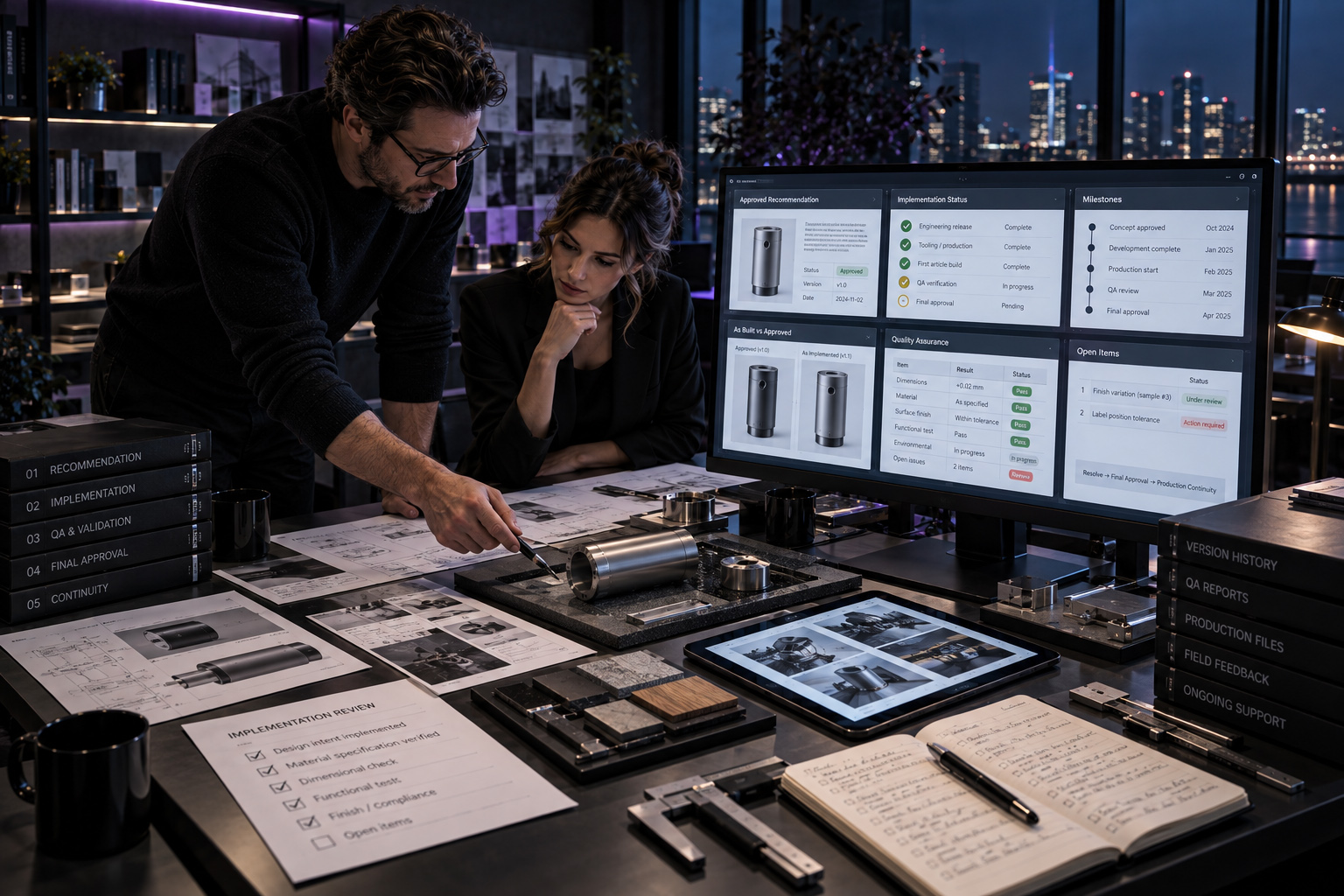 Consulting and technical support implementation review with technical documentation, QA checks, version control, production samples, and final approval workflow.