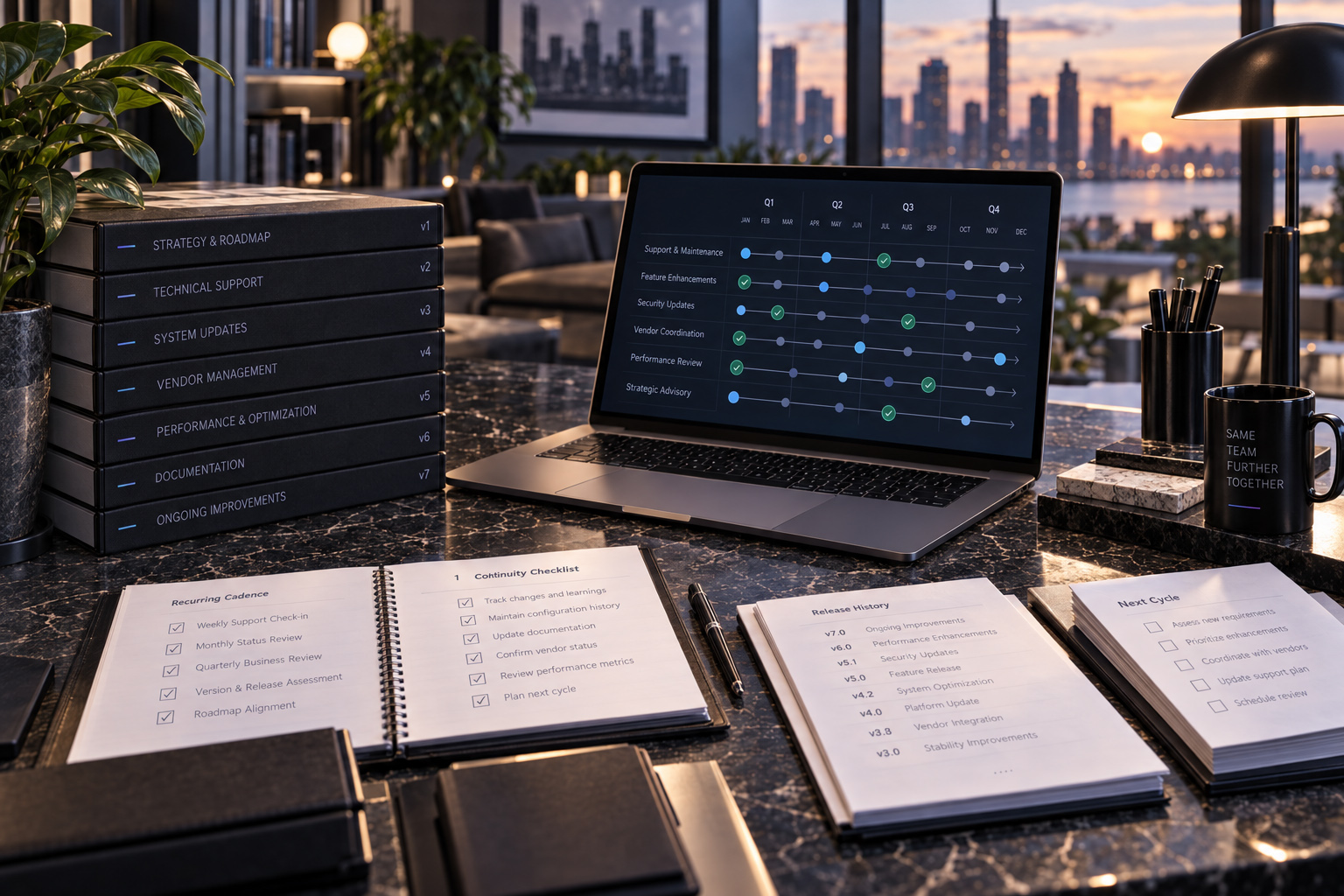 Professional consulting workspace showing a recurring support roadmap, technical reviews, vendor coordination, performance monitoring, documentation, and ongoing improvements.