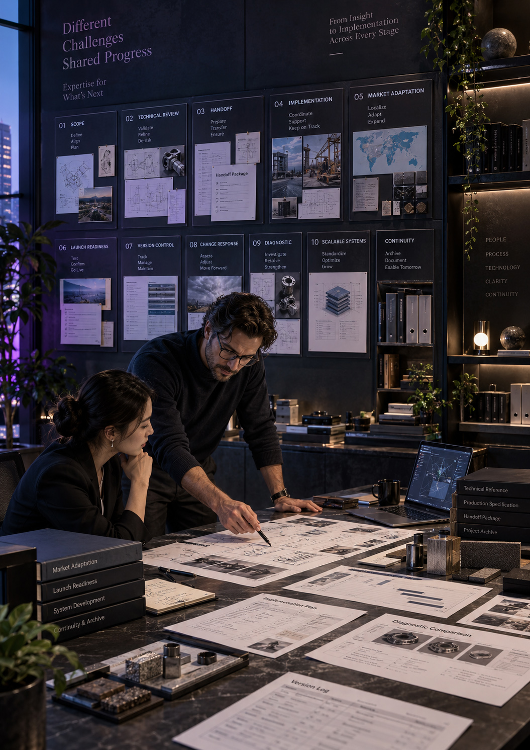 Consulting team reviewing technical project documentation beneath a visual framework covering scope, technical review, handoff, implementation, market adaptation, launch readiness, diagnostics, scalable systems, and continuity.