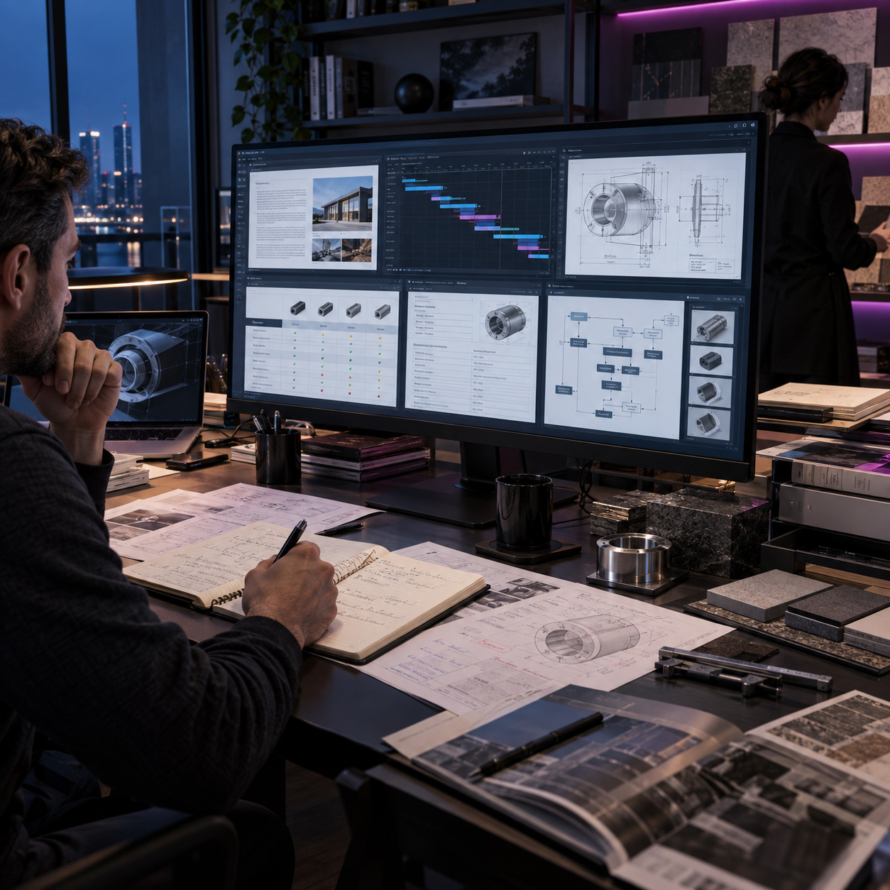 Consultant reviewing engineering drawings, project schedules, technical comparisons, workflow diagrams, and product specifications on multiple screens.