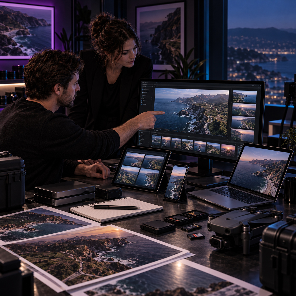 Drone filming team reviewing coastal aerial footage across desktop, laptop, tablet, and mobile devices during post-production.