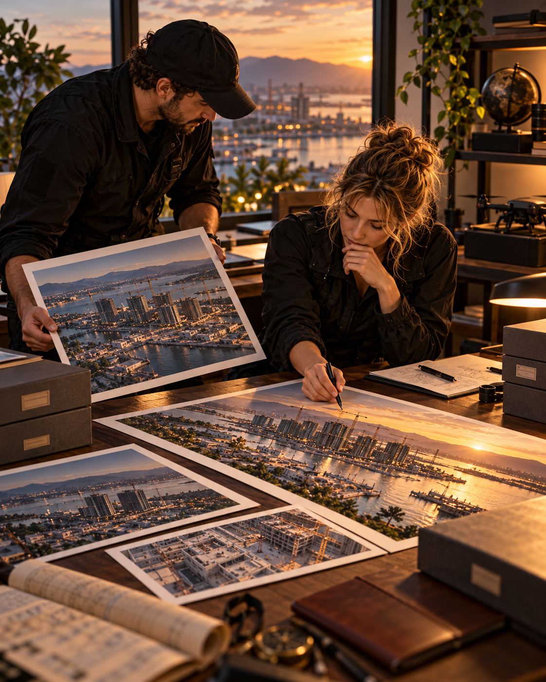 Two drone filming professionals review and compare printed aerial images of a waterfront construction project while preparing visual direction in a studio at sunset.
