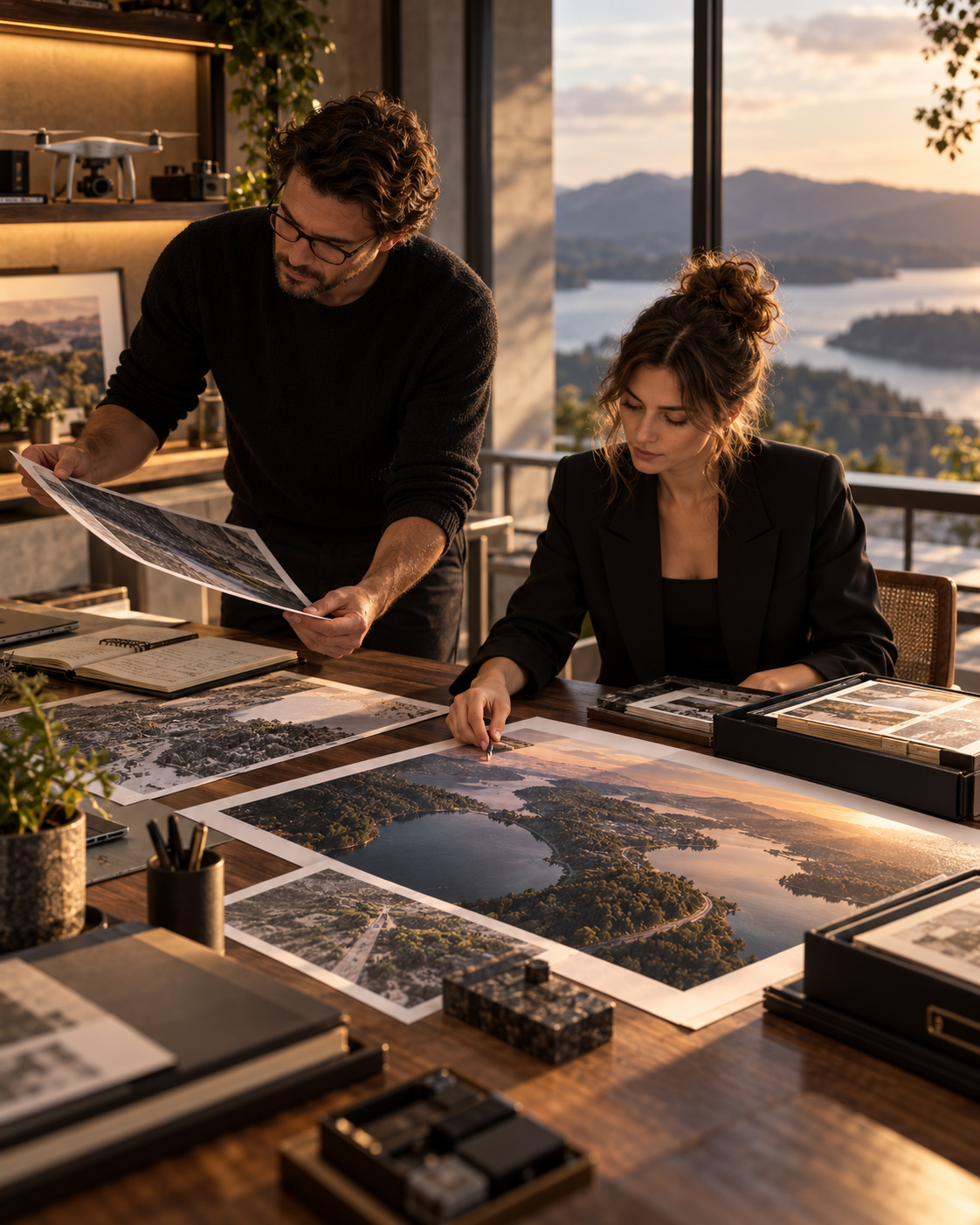 Two drone filming professionals review large-format aerial photographs of a coastal landscape while comparing viewpoints, framing, and spatial relationships in a studio.