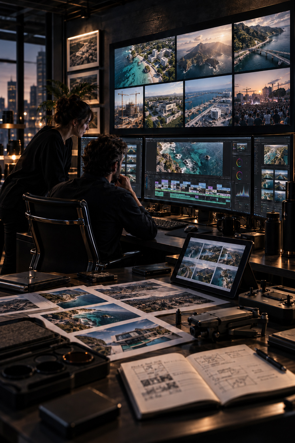 Professional drone filming team reviewing and editing aerial footage across multiple screens during cinematic post-production and color grading.