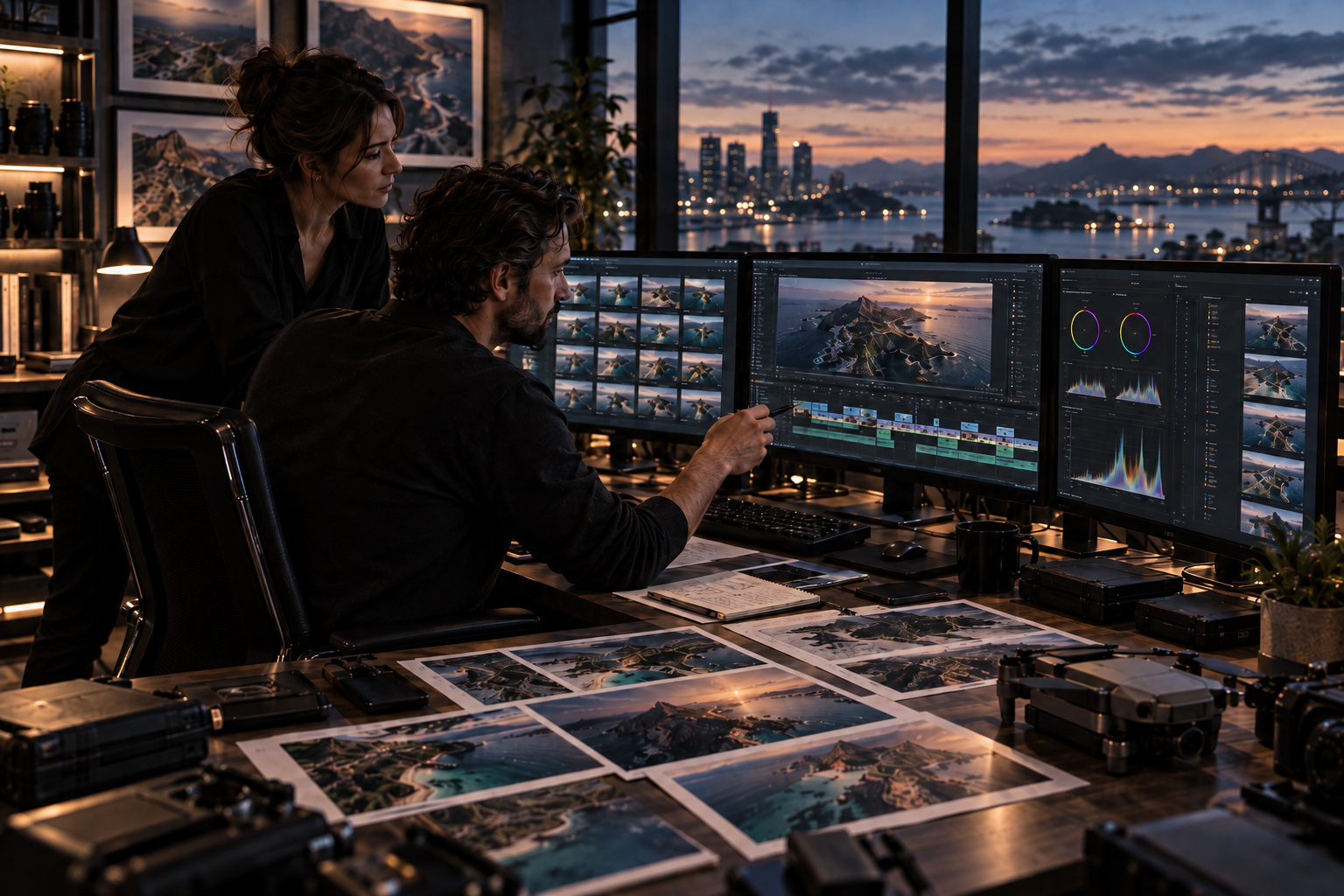 Creative team reviewing and refining professional aerial footage through editing, color grading, shot selection, and sequencing.