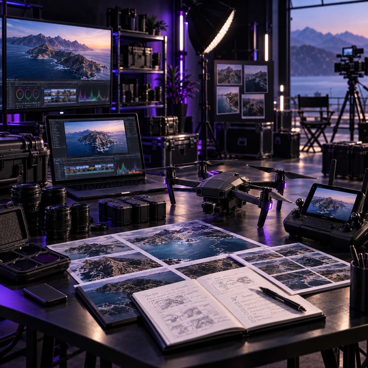 Professional drone filming production workspace with drone, controller, camera equipment, aerial imagery, editing monitors, and flight planning materials for a cinematic coastal project.