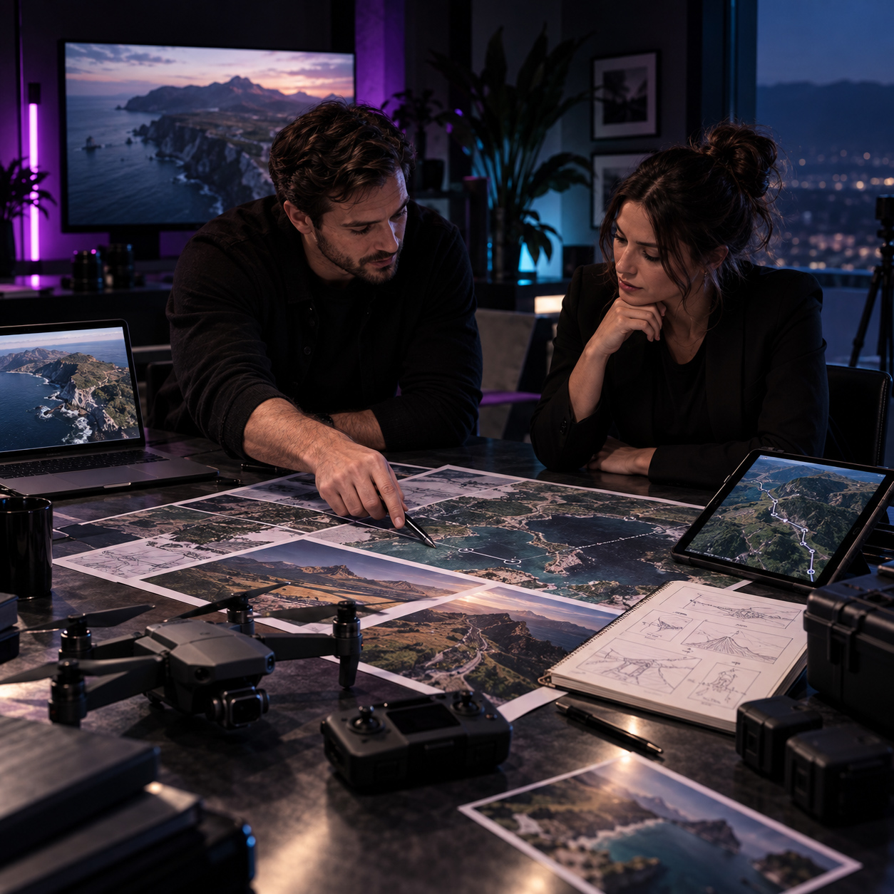 Drone filming team planning an aerial route with maps, reference images, flight paths, and professional drone equipment.