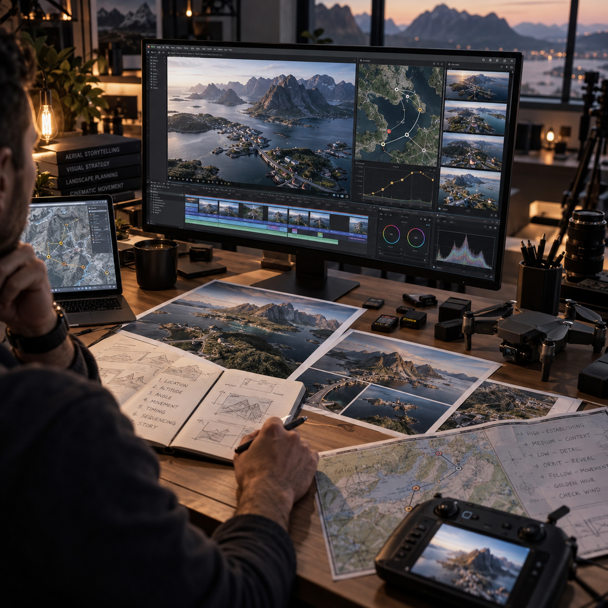 Professional drone filmmaker planning aerial routes, camera movement, altitude, timing, and shot sequencing using maps, reference images, and editing software.