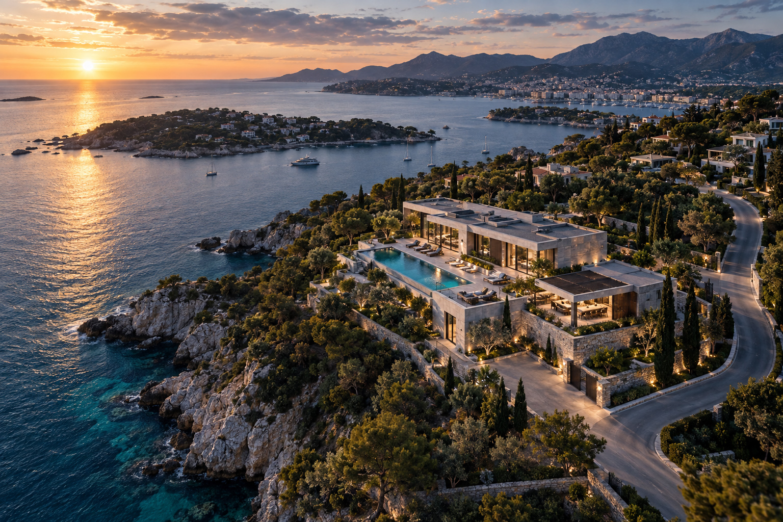 Luxury coastal residence photographed from the air at sunset to communicate architecture, landscape, location, and surrounding context.