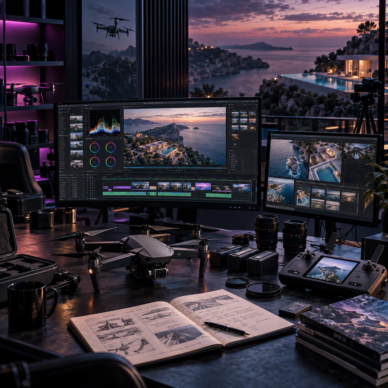 Professional drone filming studio workspace with drone, controller, lenses, batteries, and editing monitors showing cinematic aerial footage of a luxury coastal property at sunset.
