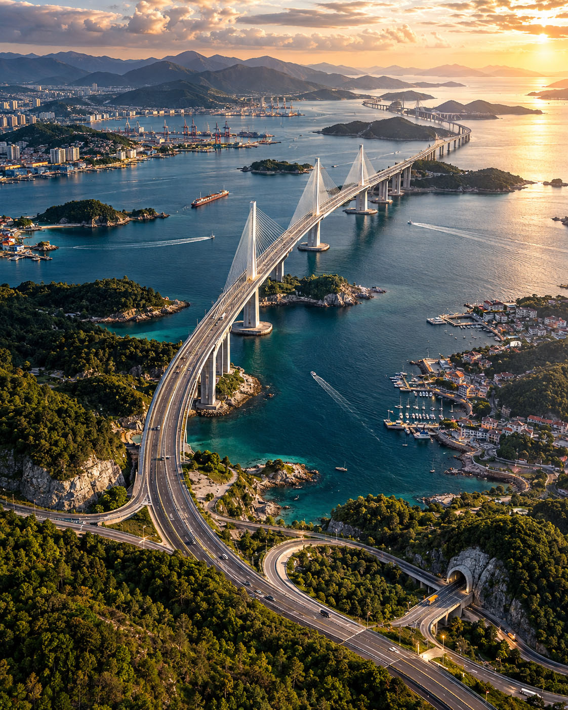 High-altitude aerial view of a long cable-stayed coastal bridge connecting islands, waterfront settlements, and transport routes at sunset.