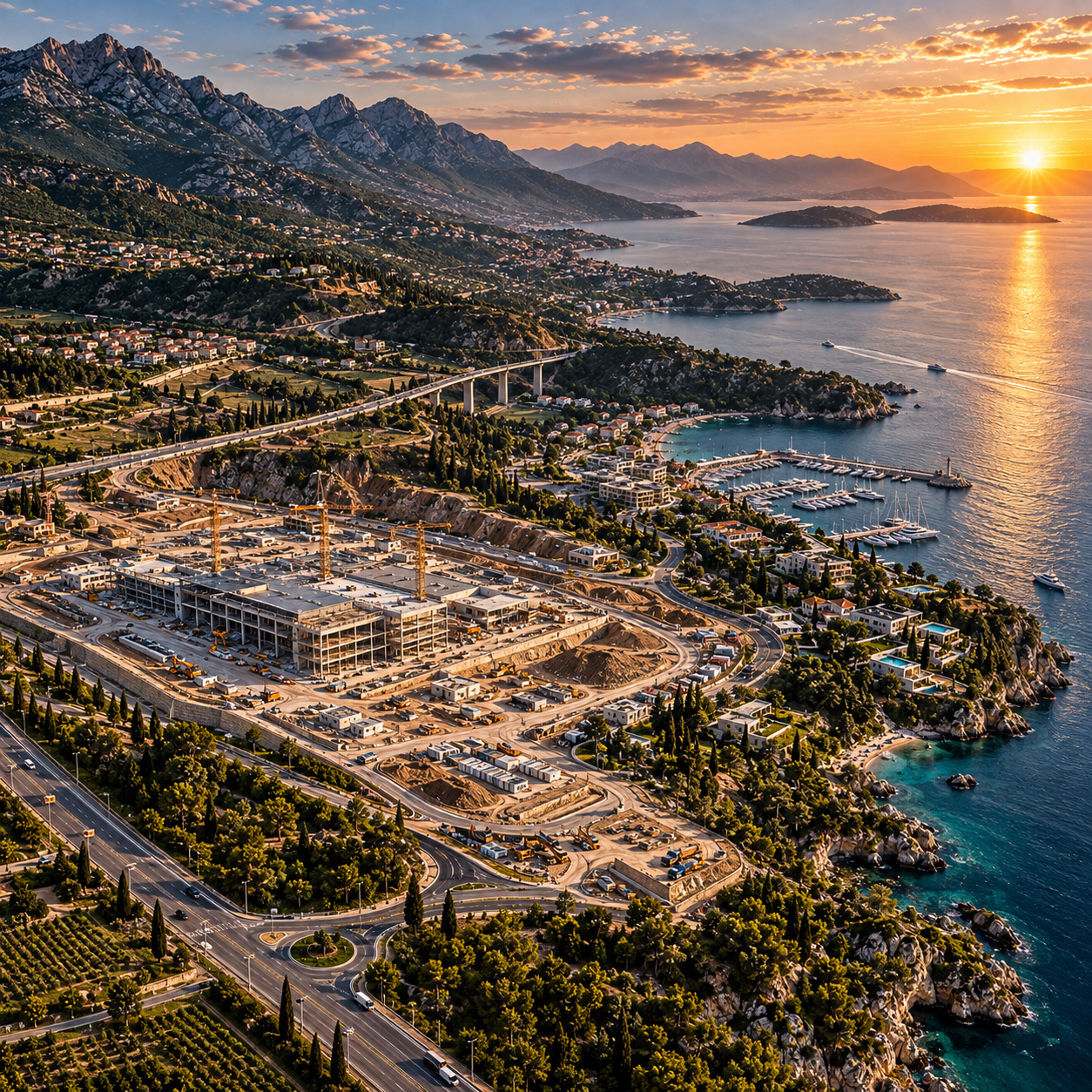 Aerial drone view of a large coastal construction development, marina, roads, residential areas, mountains, and sea during golden-hour sunset.