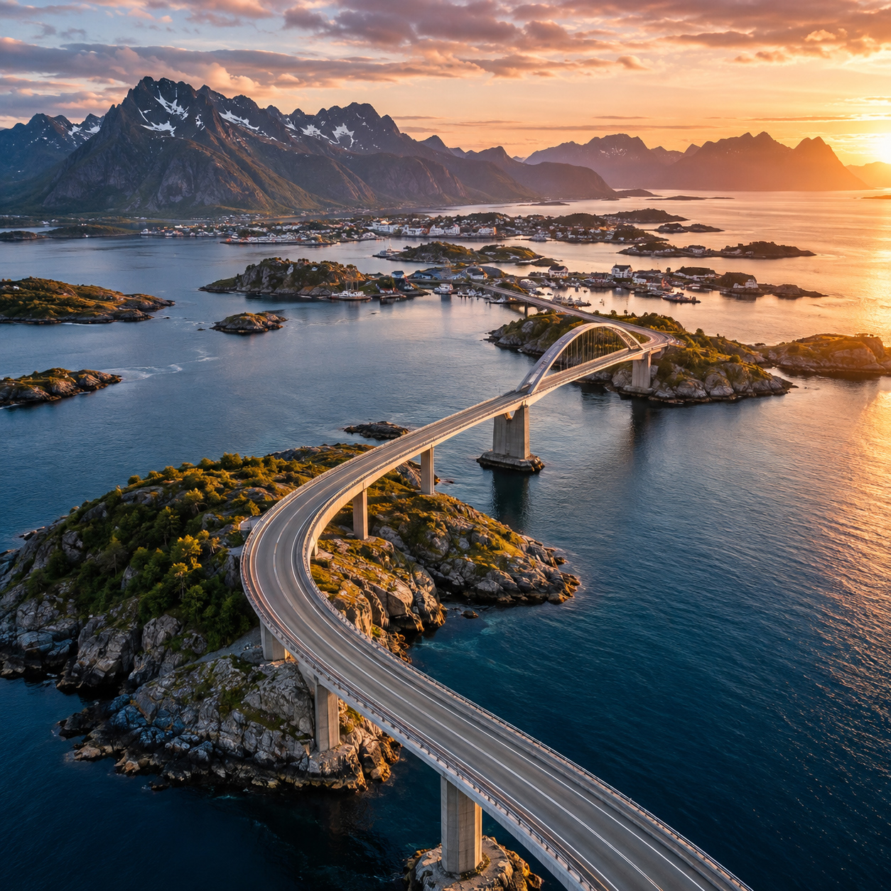 High aerial view of a curved bridge crossing between rocky coastal islands with mountain peaks, settlements, and open sea at sunset.
