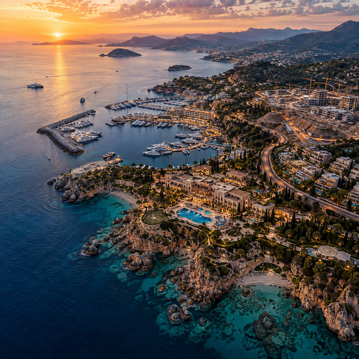 Aerial sunset view of a luxury coastal marina development with hotels, villas, roads, and construction zones along a mountainous waterfront.