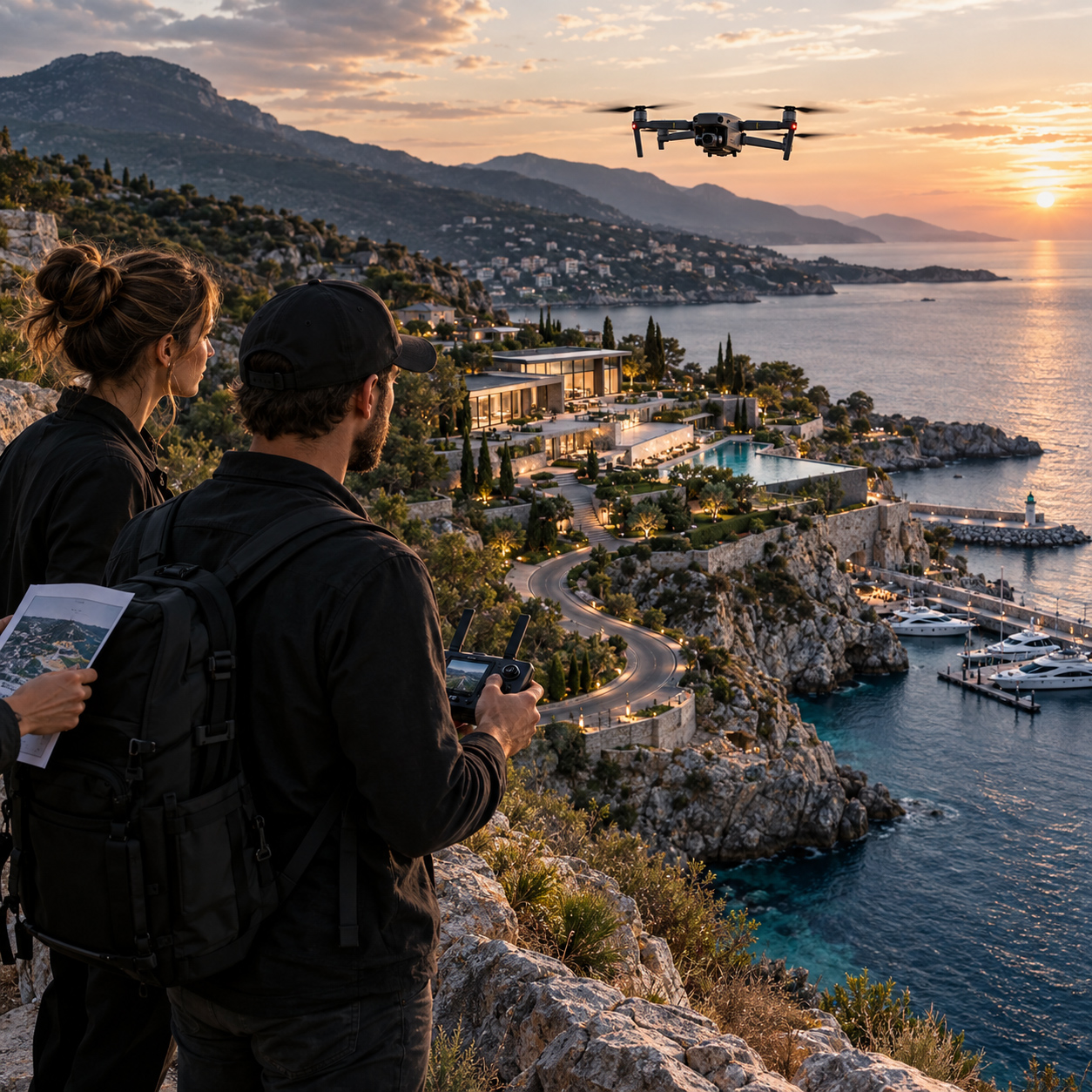 Two drone filming professionals observe a luxury coastal property at sunset while piloting a drone and reviewing aerial site material.