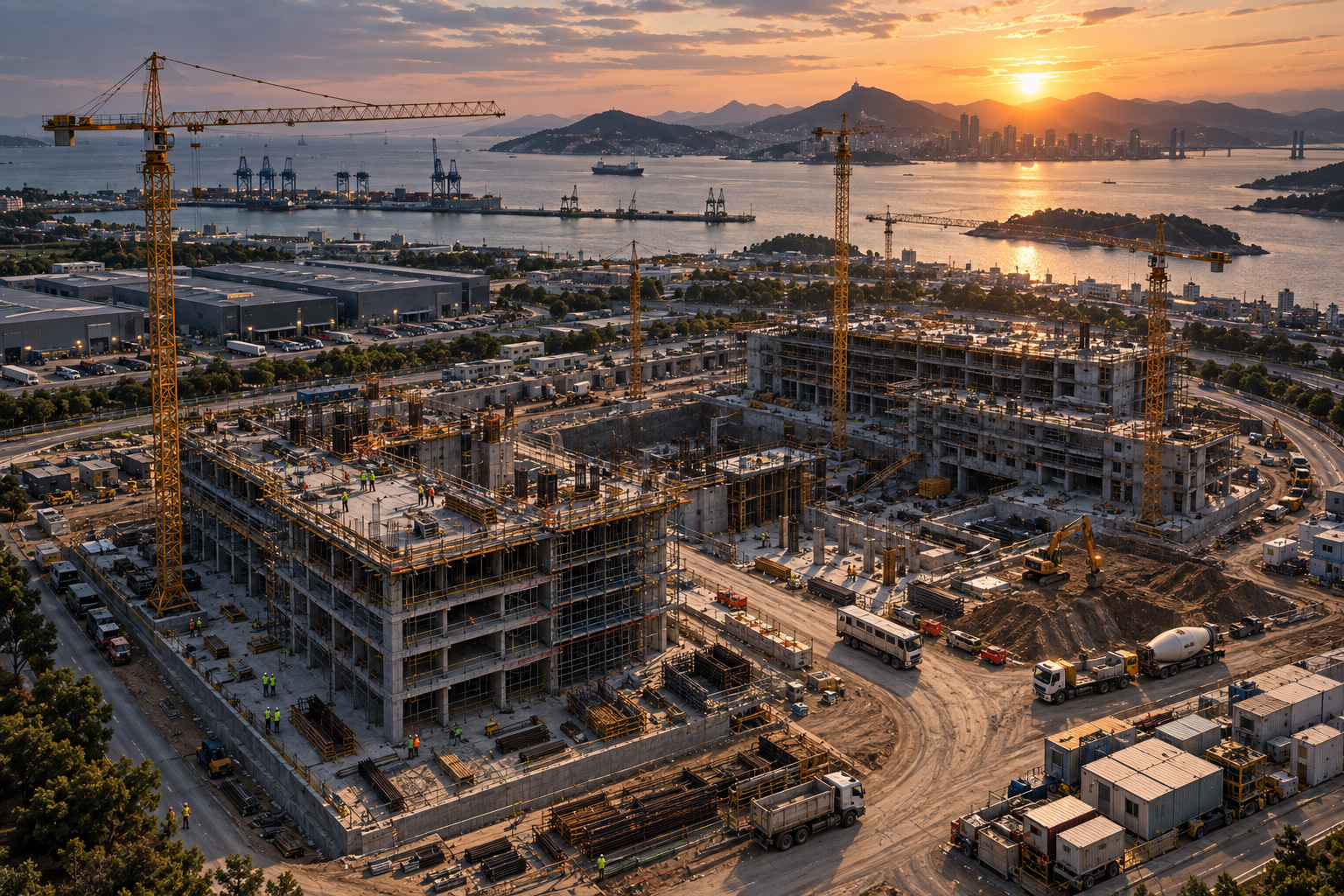 Large construction site with cranes, active building works, logistics areas, and surrounding infrastructure captured from the air.