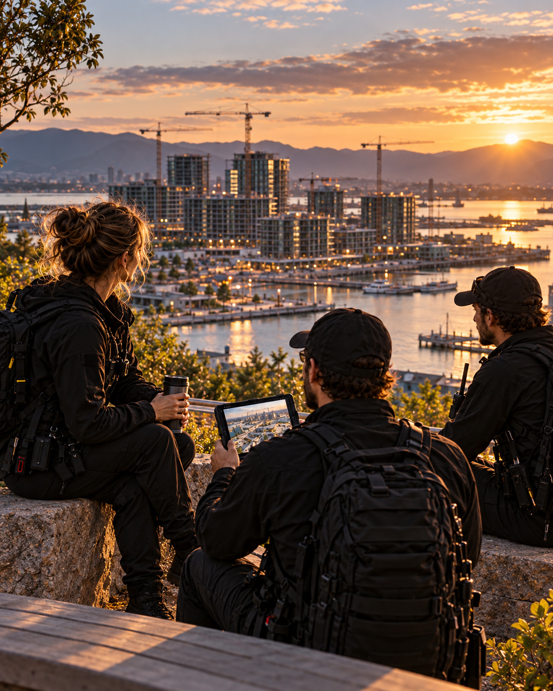 Drone filming team reviews aerial footage of a waterfront construction project from an elevated viewpoint during sunset.