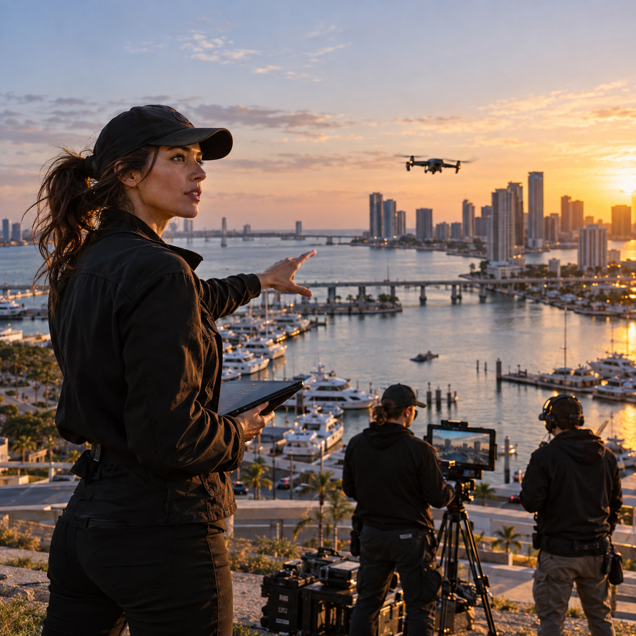 Aerial production director overlooks a waterfront skyline at sunset while a drone flies above and a film crew prepares equipment below.