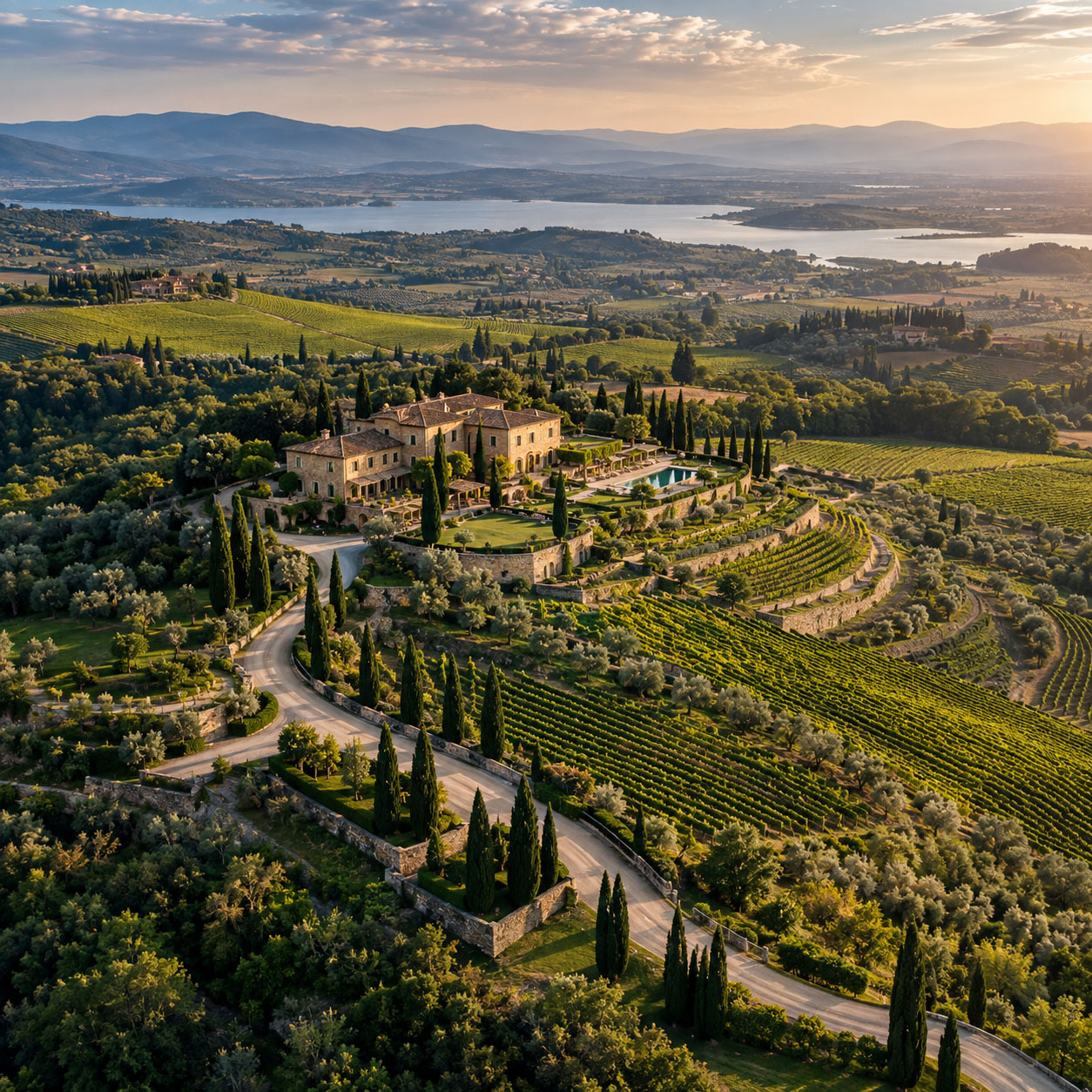 Aerial golden-hour view of a countryside estate surrounded by vineyards, cypress-lined roads, terraced landscape, and a distant lake.
