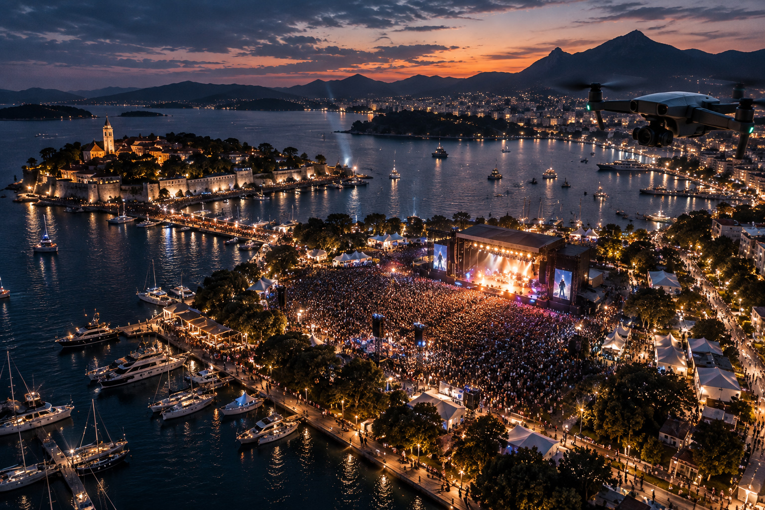Large outdoor concert and waterfront event captured by drone at night with illuminated stage, crowd, marina, and city landscape.