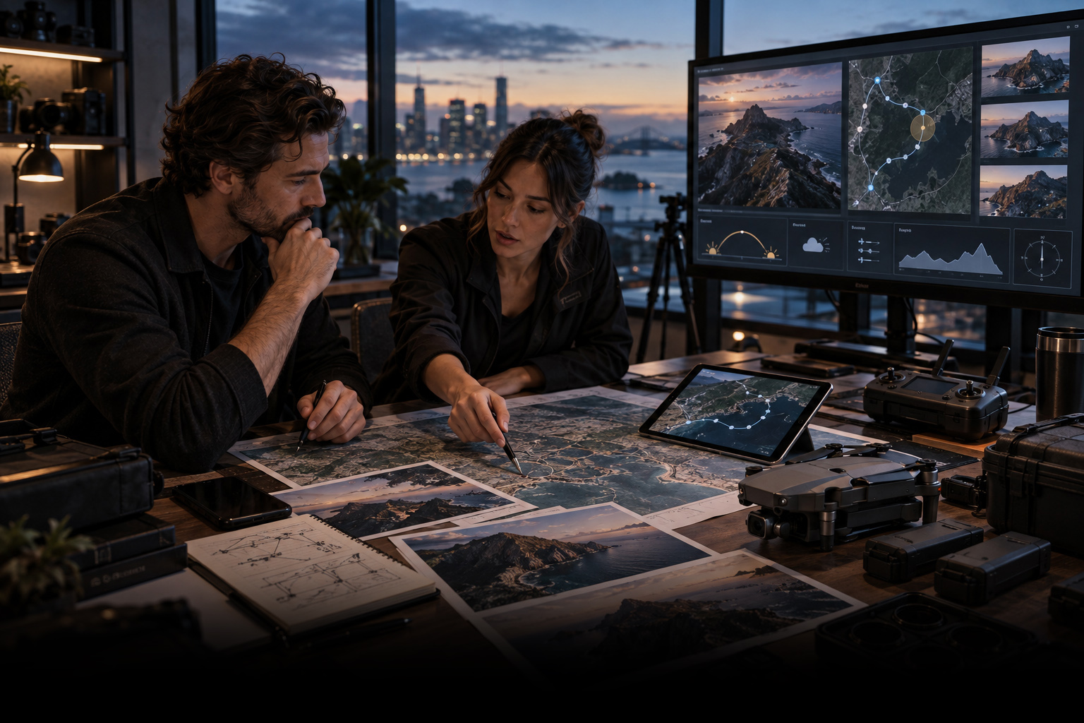 Two drone production professionals reviewing flight routes, location maps, aerial references, and equipment while planning a drone filming project.