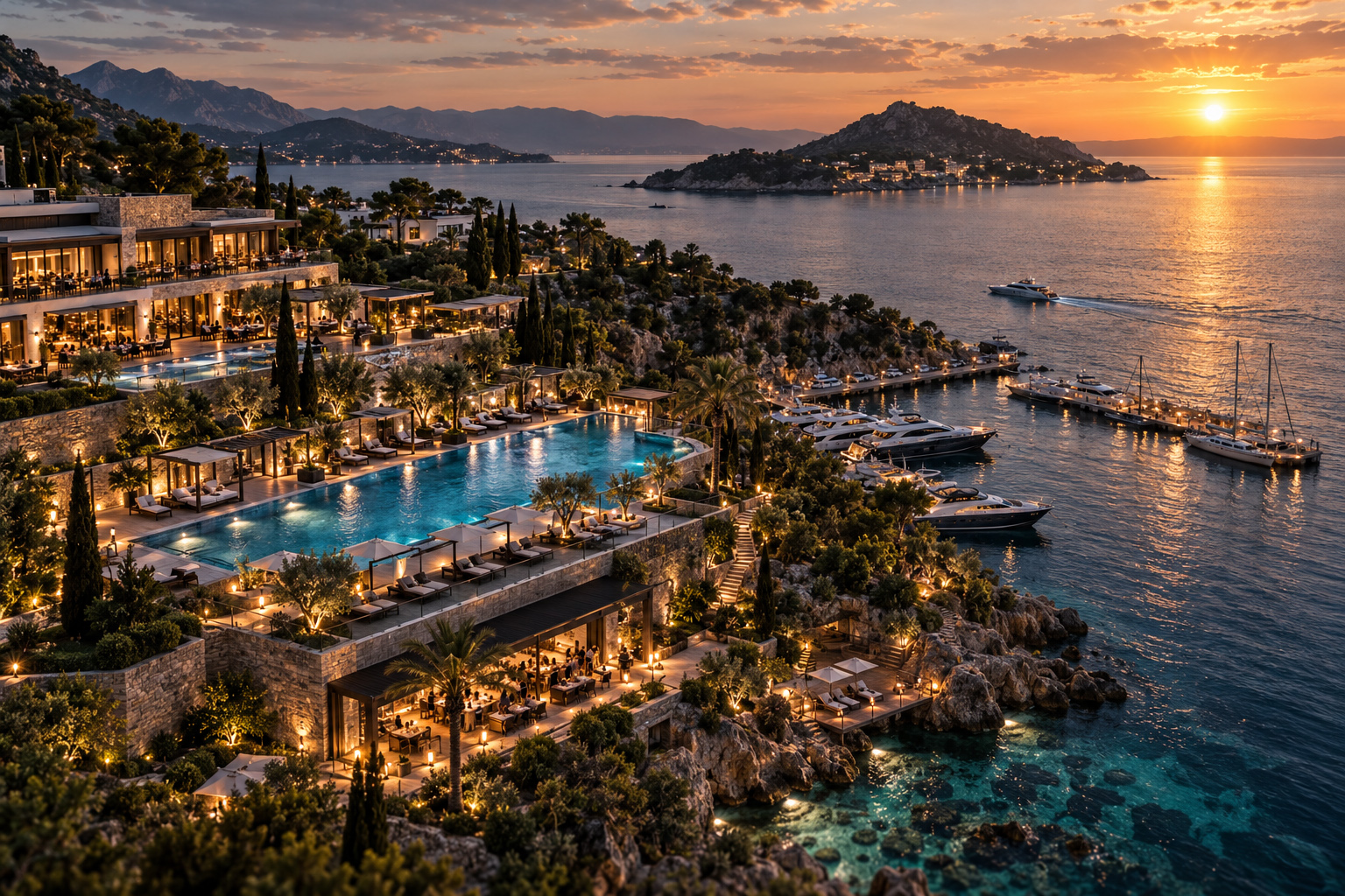 Luxury coastal hospitality destination with pools, terraces, marina, yachts, landscape, and sea captured by drone at sunset.