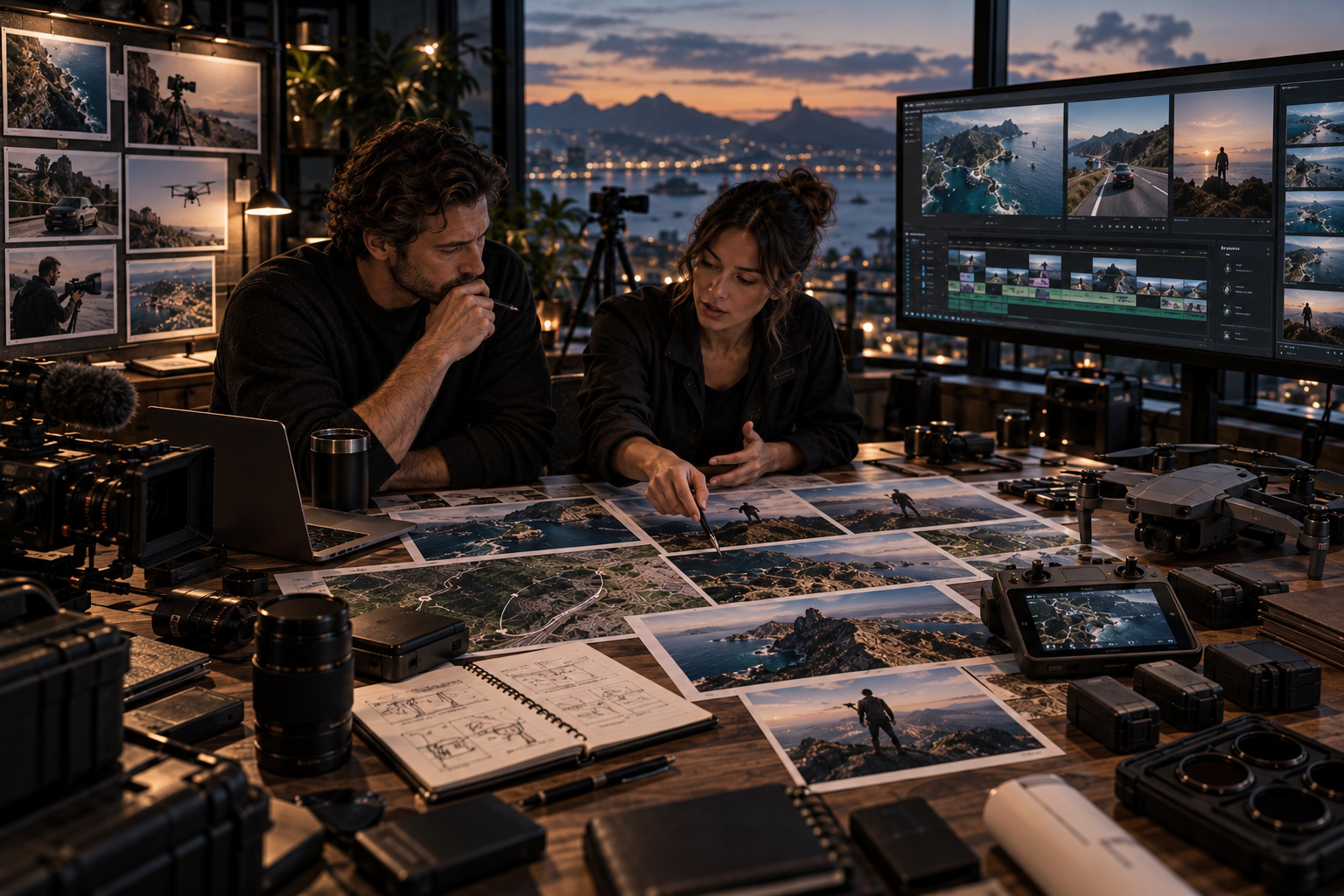 Drone filming team combining aerial footage, ground cinematography, route planning, storyboards, editing, and production equipment within one workflow.