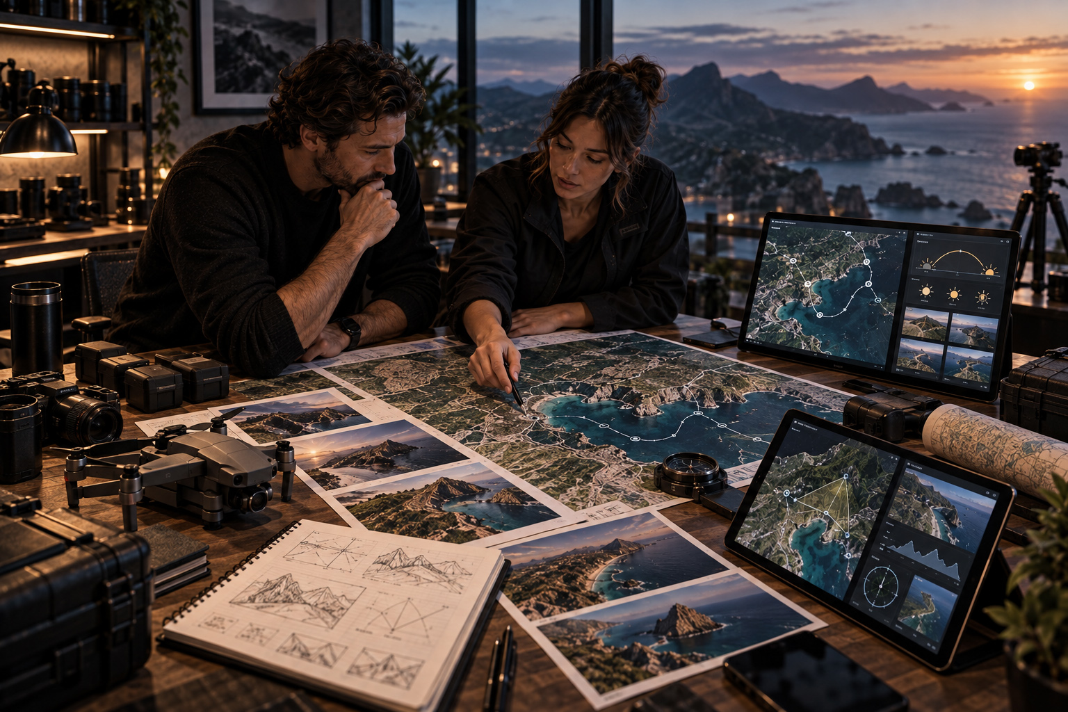 Professional drone filming team analyzing aerial maps, flight routes, weather conditions, terrain, and location requirements before filming.