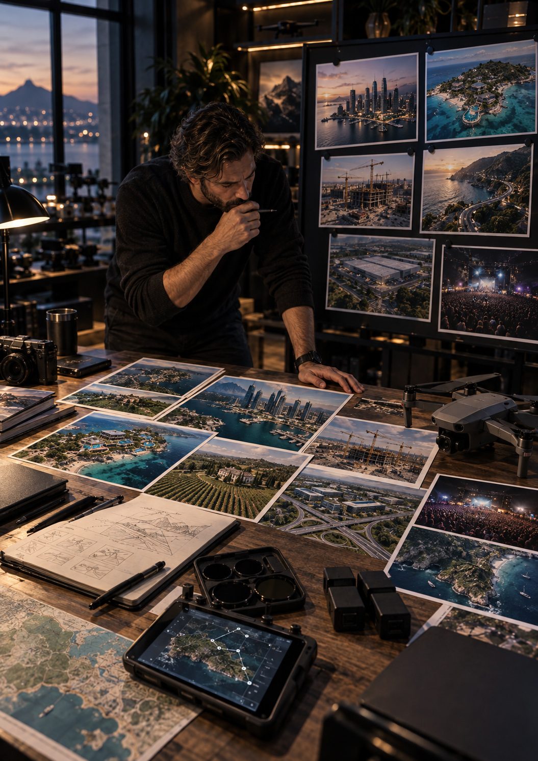 Professional drone filmmaker reviewing aerial location references, flight routes, and drone equipment during strategic pre-production planning.