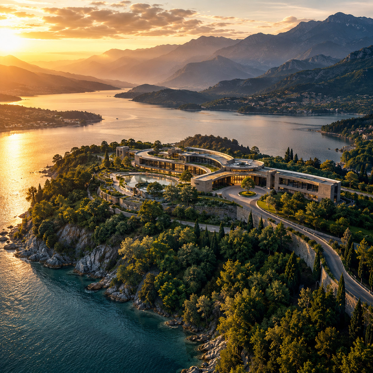 Aerial golden-hour view of a luxury coastal estate on a cliffside peninsula surrounded by water, trees, and mountain landscapes.