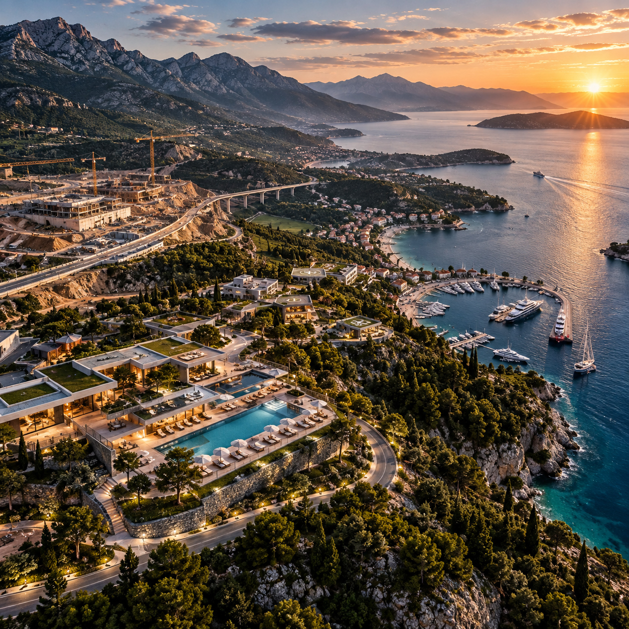 Aerial drone view of a luxury coastal resort, marina, villas, mountain landscape, and sea illuminated by golden-hour sunset light.