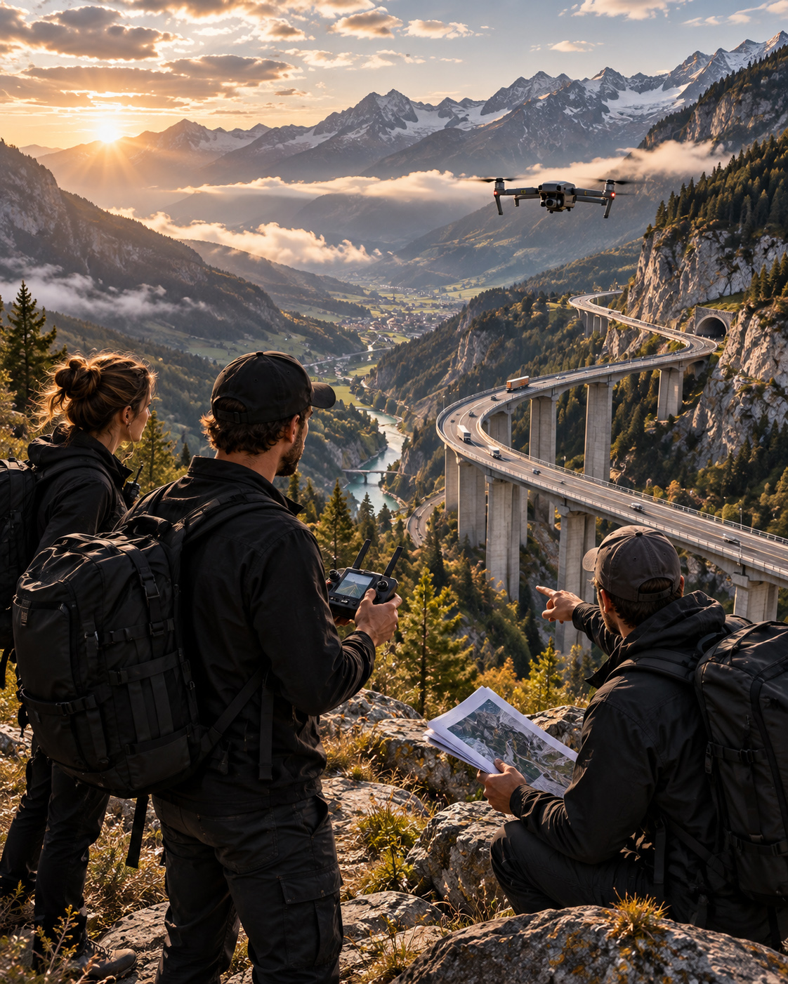 Drone filming team overlooks a dramatic mountain valley and elevated highway viaduct while reviewing location plans during golden hour.