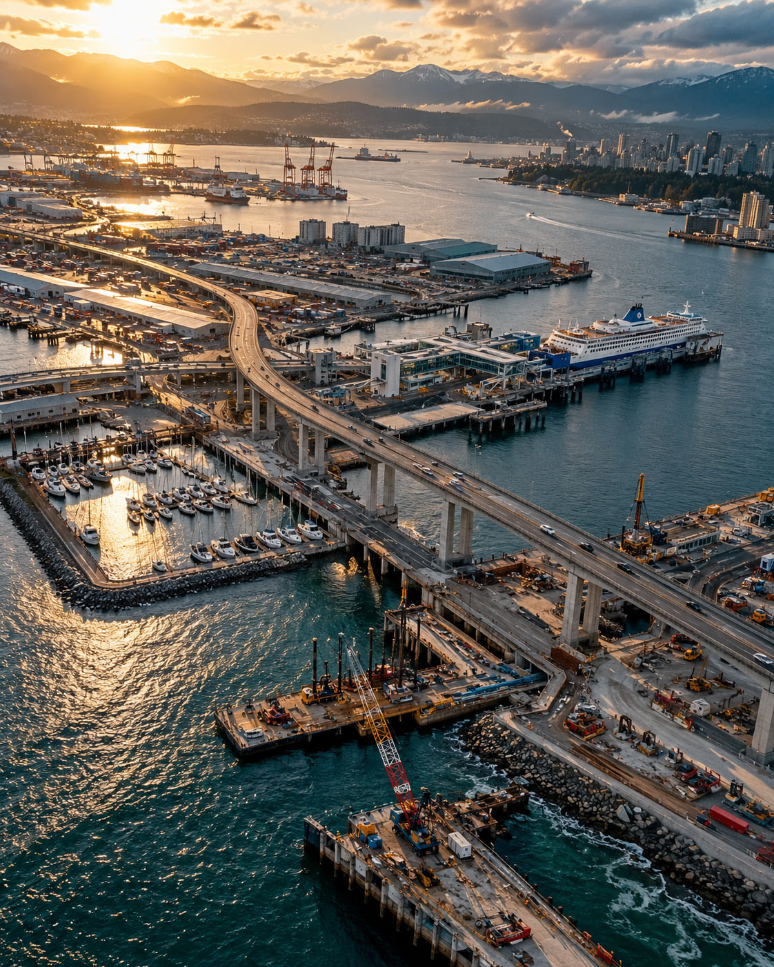 Aerial sunrise view of a waterfront bridge system, ferry terminal, marina, and industrial port infrastructure with city skyline and mountains in the background.