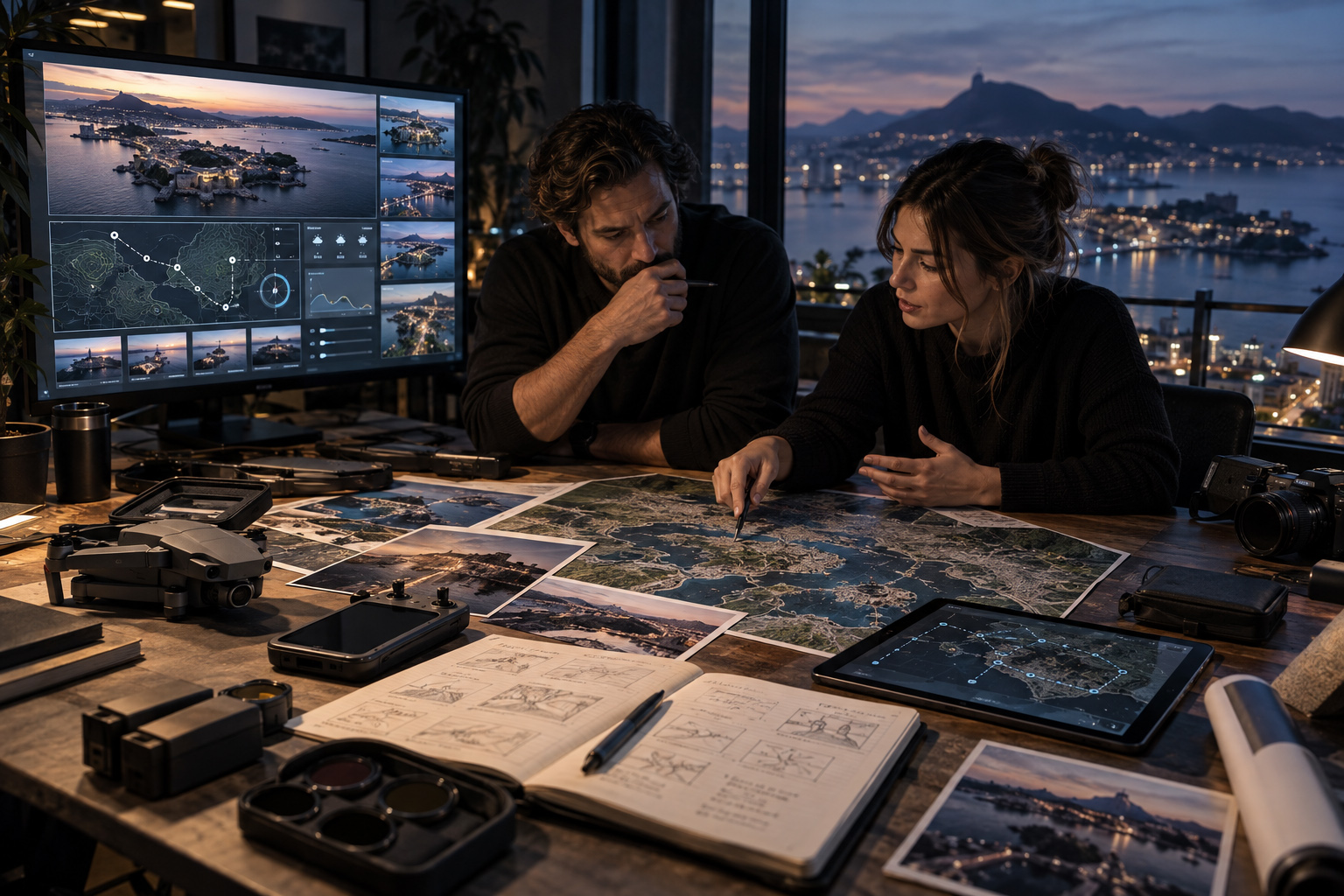 Professional drone filming team reviewing aerial locations, flight routes, maps, and visual references during pre-production planning.